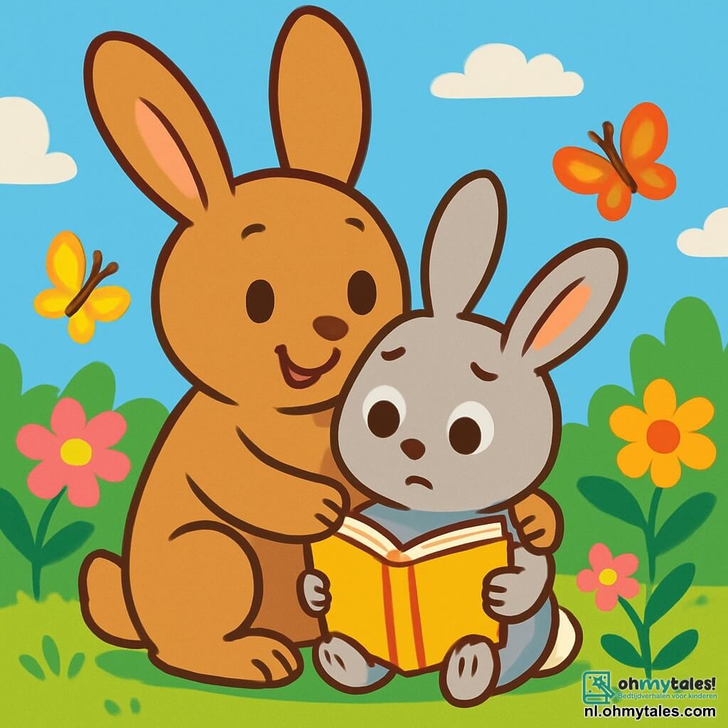 Een klein konijntje met grote oren, genaamd Klein Konijn, kijkt met grote, bezorgde ogen naar zijn boek terwijl hij zit in een mooie tuin vol kleurrijke bloemen. Hij heeft een zachte, grijze vacht en zijn pootjes liggen op het groene gras. Naast hem glimlacht zijn mama, een grote konijn met een lichtbruine vacht, liefdevol terwijl ze hem warm omhelst, met trotse, glinsterende ogen. De tuin is zonnig, met vlinders die rond de roze en gele bloemen fladderen, en een helderblauwe lucht op de achtergrond. Klein Konijn, een beetje nerveus maar vastberaden, staat op het punt om met zijn vrienden te gaan spelen, terwijl zijn mama hem aanmoedigt met een liefdevolle blik.