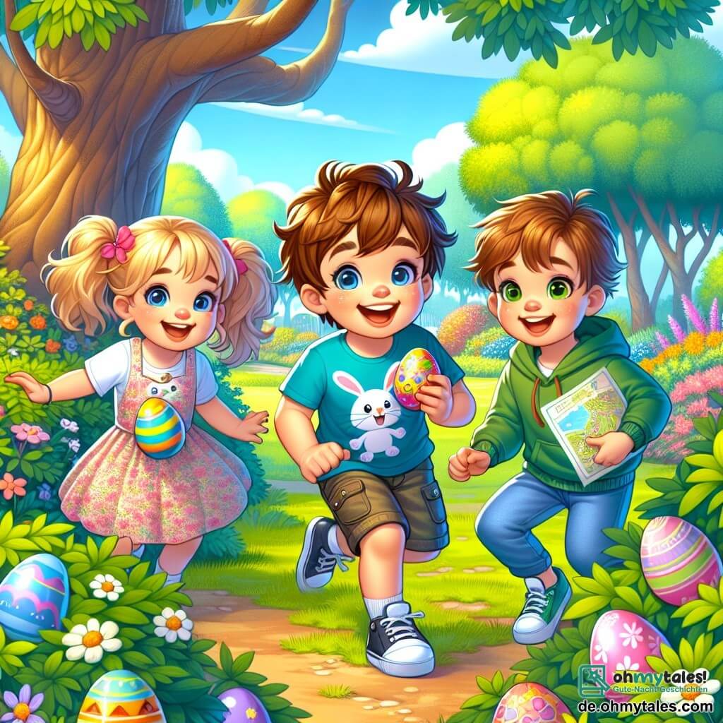 Im Zentrum des Bildes sind drei Kinder in einem sonnigen Park aktiv. Finn, ein 8-jähriger Junge mit zerzausten braunen Haaren, trägt ein blaues T-Shirt mit einem Hasenmotiv und hält ein buntes Ei in seinen Händen, während er lächelt. Mia, seine 6-jährige Schwester mit blonden Zöpfen und einem rosa Blumenkleid, steht neben Finn und zeigt auf ein hinter einem Busch verstecktes Ei, ihre Augen strahlen vor Aufregung. Leo, ein 7-jähriger Junge mit braunen Haaren und einem grünen Sweatshirt, steht etwas abseits und hält in einer Hand eine Schatzkarte und in der anderen ein Ei, mit einem neugierigen Gesichtsausdruck. Der Park ist voller bunter Blumen, großer Bäume mit grünen Blättern und einem saftigen Rasen. Im Hintergrund steht eine majestätische alte Eiche mit weit ausladenden Ästen. Die Szene zeigt die Kinder bei der Ostereiersuche, umgeben von Lachen und Freude, während ein kleiner weißer Hase sie heimlich von einem blühenden Busch aus beobachtet.
