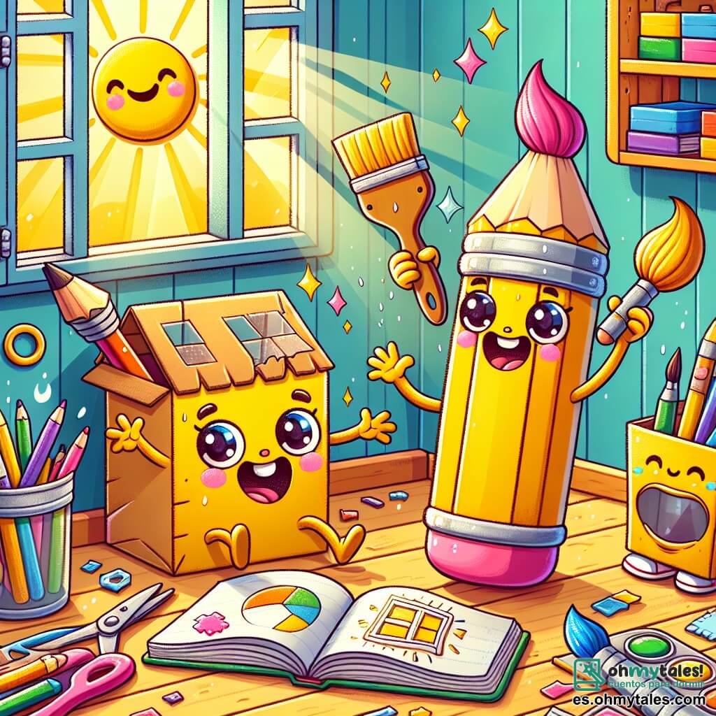 Lápiz, un adorable lápiz amarillo con una gran goma rosa, sonríe alegremente mientras dibuja ventanas en una casa de cartón. Sus ojos brillan de emoción mientras se concentra en su obra. A su lado, Pincel, un pincel de colores y cerdas despeinadas, salpica pintura azul sobre otra caja, riendo de felicidad. Tijeras, unas tijeras con mangos rojos brillantes, salta de alegría sosteniendo una tira de papel recortada, lista para añadirla a su creación colectiva. Libreta, un cuaderno de páginas blancas y esquinas de colores, está sentada en posición de loto, dibujando un plano de su ciudad de cartón con una gran sonrisa. Su espacio de trabajo es una estantería de madera, llena de útiles escolares coloridos, con estantes cargados de libros y juegos. Rayos de sol filtran a través de la ventana, iluminando la escena con una luz dorada. La atmósfera es alegre y creativa, llena de risas y colores vivos, mientras construyen juntos su ciudad imaginaria para el verano.