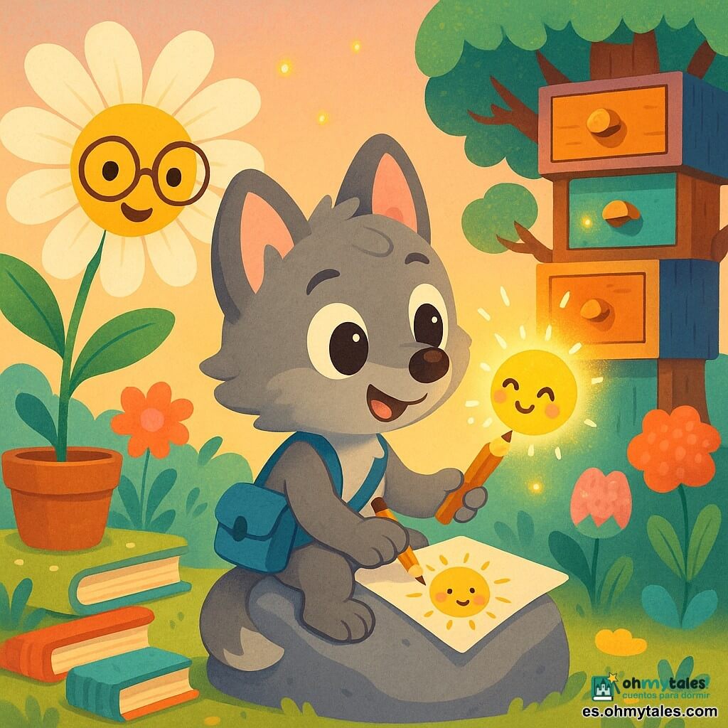 Un pequeño lobo explorador sonriente y maravillado, pelaje gris, orejas grandes y ojos brillantes, con una bolsita azul y un lápiz, sentado en una piedra cantora dibujando un diminuto sol en una hoja; Solito, el minisol, es una bolita luminosa amarillo‑naranja con rostro alegre y mejillas rosadas que parpadea y sale de la hoja en la punta del lápiz; Marga la margarita, gran flor blanca con gafas redondas y rostro amable, se asoma sonriendo desde una maceta a la izquierda y extiende una hoja como aplaudiendo; un árbol‑cajón al fondo parece un árbol de cajones de madera coloridos con pomos de concha, abiertos y emitiendo pequeñas luces; jardín fantástico de senderos a rayas hechos de libros apilados, macetas saltarinas, flores de textura textil, colores pastel vivos y cielo degradado melocotón‑azul; situación: un dibujo cobra vida — el minisol surge de la hoja y hace cosquillas al aire provocando luciérnagas de luz y sonrisas, ambiente alegre, cálido y juguetón, composición centrada y con detalles divertidos.