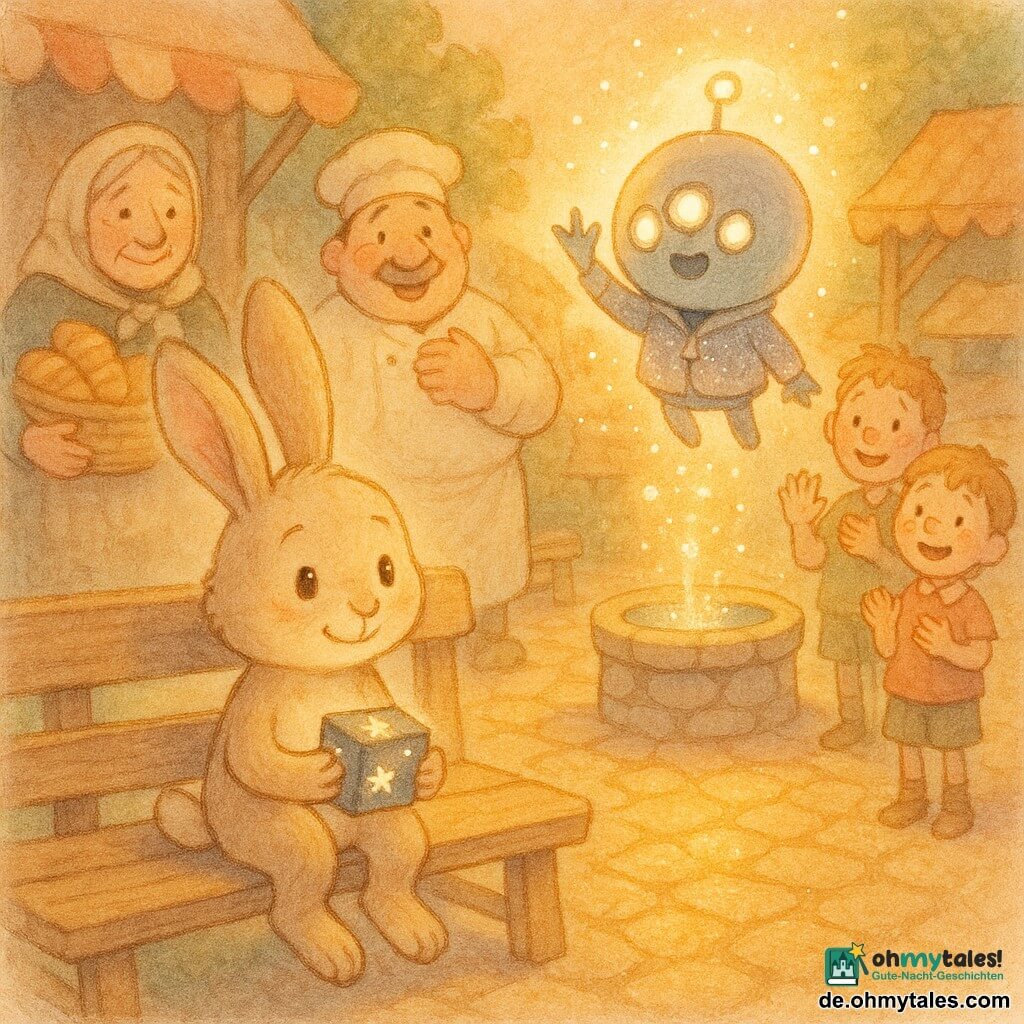 Fips, ein kleiner anthropomorpher Hase mit langen Ohren, beige weichem Fell und neugierigen runden Augen, lächelt zärtlich und hält einen kleinen leuchtenden Sternblock; neben ihm schwebt Pliim, ein rundlicher Außerirdischer mit drei leuchtenden Augen, feinen Antennen und silbern schimmernder Jacke, winkend neben einem kleinen „Kessel“-Raumschiff; Dorfbewohner — eine alte Frau mit Brotkorb, ein gutmütiger Bäcker und Kinder mit Sommersprossen — legen die Hand aufs Herz oder winken, versammelt um eine warme, gepflasterte Dorfmitte mit Brunnen, verwitterten Holzbänken, Marktständen und grüner Hecke im goldenen Abendlicht; das runde Raumschiff steigt sanft auf, hinterlässt einen Heiligenschein aus Lichtblasen, alle schauen mit rührender Zuneigung auf die Verbindung zwischen Fips und Pliim; Aquarellstil, weiche Pastelltöne, körnige Textur, leichte Konturen und funkelnde Lichtakzente.