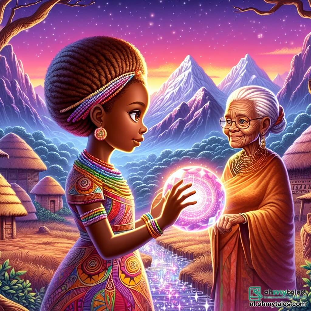 Ayo, een jong Afrikaans meisje van ongeveer 12 jaar, staat in het midden van de afbeelding, met glanzende, vastberaden ogen, een warme bruine huid en krullend haar versierd met kleurrijke kralen. Ze draagt een traditionele jurk met levendige patronen en haar gezicht toont intense concentratie terwijl ze een grote, heldere kristallen bol aanraakt, omgeven door een stralende aura. Naast haar staat Nala, een wijze oude vrouw van ongeveer 70 jaar, met een rimpelig, zacht gezicht en witte haren gevlochten in een kroon. Ze kijkt Ayo met een welwillende glimlach aan, met gekruiste armen, gekleed in een lichte jurk in aardetinten, iets op de achtergrond, als een spirituele gids. De setting bevindt zich in een verborgen vallei, omringd door majestueuze bergen met besneeuwde toppen, waar een schemerige lucht in roze en oranje het landschap verlicht. Aardewerk en rieten huizen zijn verspreid, en een glinsterende rivier kronkelt door het dorp, wat een vleugje magie toevoegt aan de omgeving. De belangrijkste situatie toont Ayo die de verloren magie herstelt, de kristallen bol aanrakend die kleurrijke lichtflitsen uitstraalt, terwijl doorzichtige geesten om haar heen dansen, wat een sfeer van mysterie en verwondering creëert.