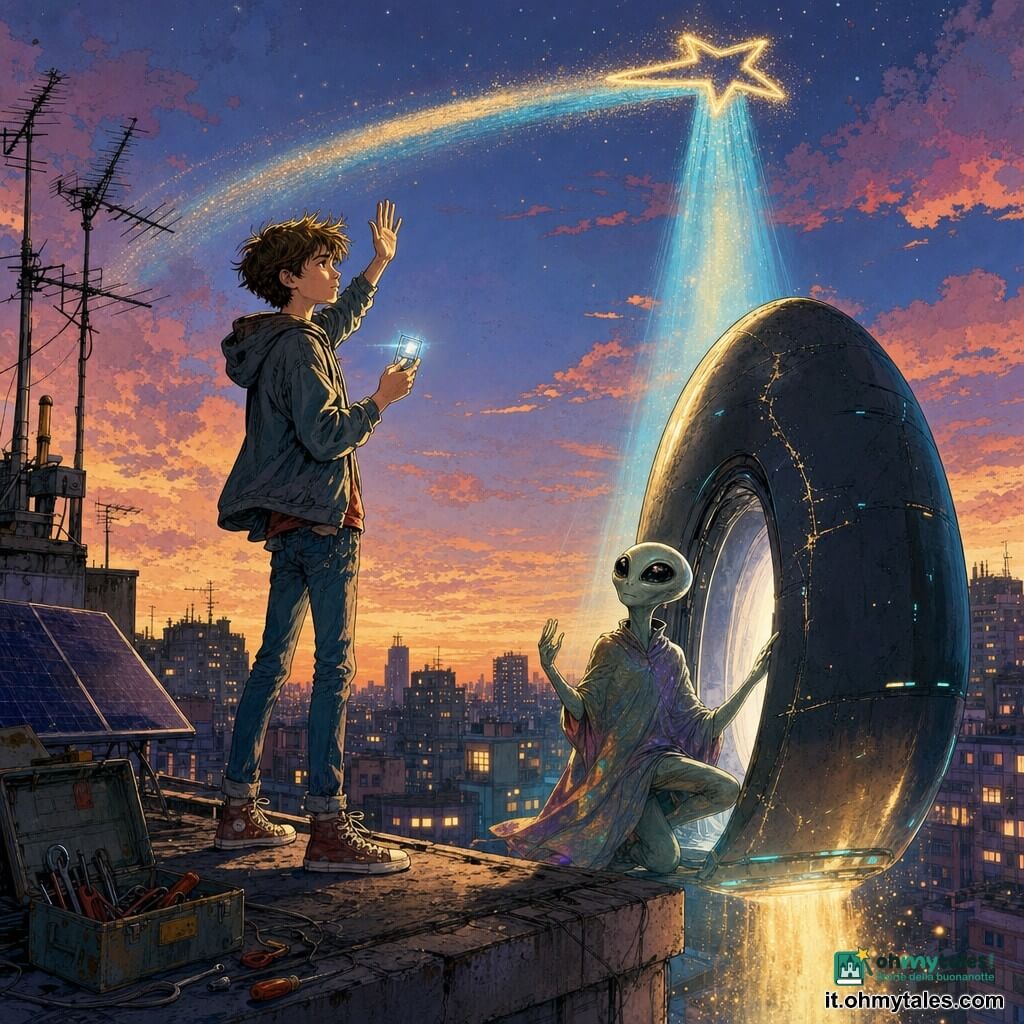 Ragazzo di 12 anni, Tommaso, volto sottile, capelli castani spettinati, espressione malinconica ma fiera, in piedi sul bordo del tetto con una piccola tessera trasparente contenente un punto di luce e la mano alzata in saluto; extraterrestre Nilo, figura snella e agile, pelle verde pallido-grigio perlacea, grandi occhi neri lucenti, con un cappotto che muta leggermente colore, inginocchiato vicino a una capsula ovale scura mentre vi entra e guarda Tommaso; capsula spaziale ovale dalla superficie liscia e scura con una sottile crepa riparata, che si solleva emettendo un raggio azzurro e dorato che disegna nell'aria un piccolo simbolo a stella con scia; tetto urbano al crepuscolo con lastra di cemento tiepida, antenne TV storte, vecchio pannello solare impolverato, cassone metallico aperto e attrezzi sparsi, sagome di palazzi e luci nelle finestre sullo sfondo; scena principale: al tramonto, momento tenero e silenzioso in cui Tommaso saluta per l'ultima volta Nilo mentre la capsula si solleva in un alone luminoso, atmosfera dolce di leggera nostalgia, colori caldi del crepuscolo mescolati al freddo bagliore del fascio spaziale.
