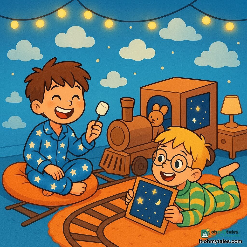 Ci sono 2 personaggi principali: Tommaso, un ragazzo di 9 anni con i capelli castani disordinati, che indossa un pigiama blu con stelle bianche, seduto su un cuscino morbido con un grande sorriso e un marshmallow in mano; e Leo, un ragazzo di 9 anni con capelli biondi e occhiali rotondi, vestito con un pigiama a righe verdi e gialle, sdraiato sul tappeto mentre guarda le stelle immaginarie attraverso una finestra di cartone, con gli occhi pieni di eccitazione. La scena si svolge in una cameretta trasformata in una stazione ferroviaria magica, con muri blu cielo decorati da nuvole di cotone e un grande tappeto che rappresenta una ferrovia, circondato da peluche disposti come passeggeri. L'atmosfera è calda e incantata grazie a luci decorative che brillano dal soffitto. La situazione principale mostra Tommaso e Leo che salgono sul loro "treno-letto" immaginario, circondati da nuvole di dolcezza e sogni, pronti per un'avventura notturna verso il Paese dei Sogni, con marshmallow fluttuanti e stelle brillanti attorno a loro.