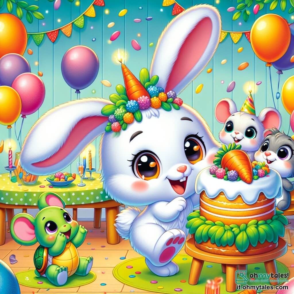 Tobia, un coniglietto dalle grandi orecchie e dal pelo bianco splendente, salta di gioia con un ampio sorriso, gli occhi pieni di eccitazione. È circondato da palloncini colorati e tiene in mano una fetta di torta di carote. Accanto a lui, Gino il topolino, con il suo pelo grigio e gli occhi vivaci, ride mentre cerca di arrampicarsi su una sedia per prendere una fetta di torta. Lalla la tartaruga, con il suo guscio verde e i grandi occhi dolci, applaude lentamente, sorridendo, seduta per terra vicino a Tobia. La scena si svolge nella casa di Tobia, decorata con ghirlande di foglie verdi e palloncini multicolori, con un grande tavolo coperto da una tovaglia a pois, su cui troneggia una magnifica torta di carote al centro, circondata da coriandoli scintillanti. In questa illustrazione, Tobia e i suoi amici celebrano felici il suo compleanno, pieni di risate e sorprese, mentre luci colorate illuminano la stanza, creando un'atmosfera festosa e magica.
