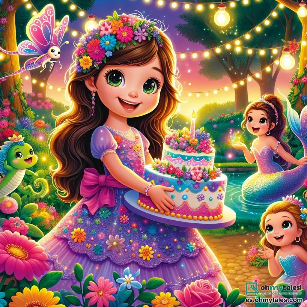 Una niña de 10 años, llamada Sofía, con largos cabellos castaños y ojos brillantes de alegría, se encuentra en el centro del jardín, sonriendo. Lleva un vestido colorido adornado con flores y sostiene un gran pastel decorado con flores multicolores, rodeada de sus amigos. A su derecha, Lila, una mariposa de alas vibrantes, vuela alegremente alrededor de Sofía. A su izquierda, Martín, un pequeño dragón con escamas brillantes, sopla suavemente humo de colores sobre el pastel. El jardín es un lugar encantador, lleno de flores brillantes y luces centelleantes, con un cielo crepuscular rosa y naranja. Sirenas cantan cerca de un pequeño estanque, añadiendo una melodía suave a la atmósfera festiva. La escena principal muestra a Sofía, rodeada de sus amigos, celebrando una fiesta sorpresa para su mamá, creando una atmósfera mágica y cálida.