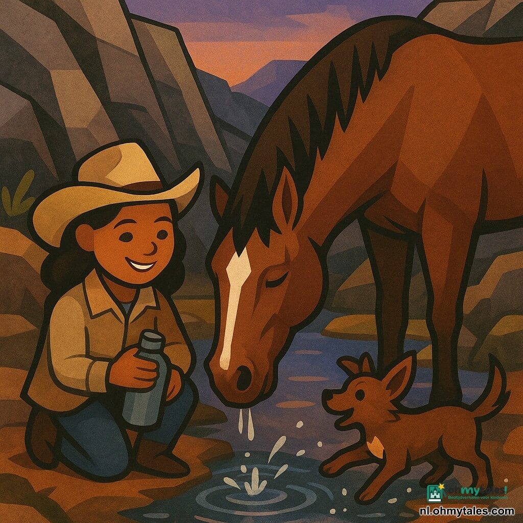 Lila, een volwassen meisje met een rond, glimlachend gezicht en heldere ogen, draagt een beige cowgirlhoed en een stoffige canvasjas en knielt terwijl ze een veldfles vult met helder water; Kleurvlek, een fors bruin paard met een grote witte bles, drinkt naast haar; Vlam, een klein mannelijk hondje met modderige vacht en opgerichte oren, springt in een plas en spat glinsterende druppels; de plek is een kleine verborgen bron in een kloof van grijze en roodbruine stenen met groene mossen en fonkelende poelen die de paarse schemerlucht weerspiegelen, tussen de stenen groeien gouden droge grassprieten en een klein groen plantje, en de scène toont de vreugdevolle ontdekking van water onder zacht licht.