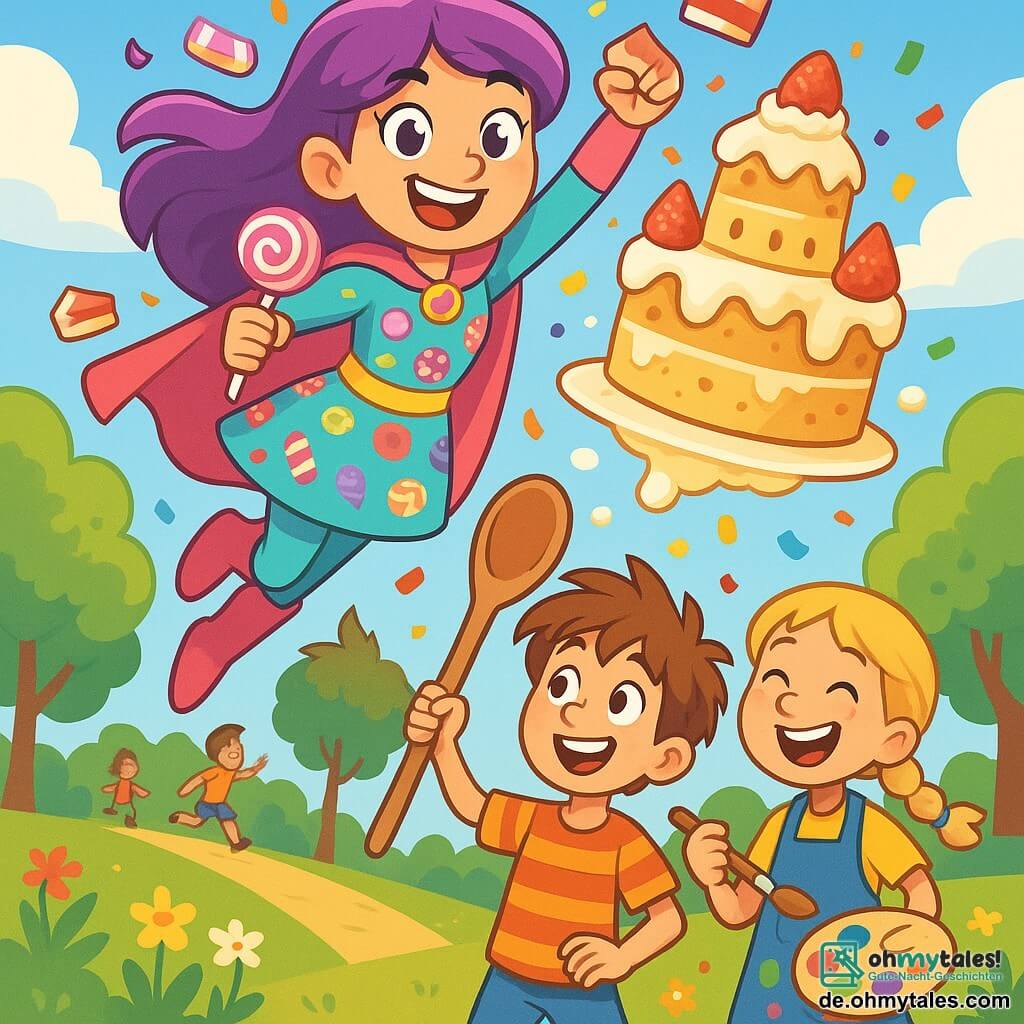 Lila Lollipop, eine fröhliche und sprudelnde Superheldin, ist eine junge Frau mit langen lila Haaren und einem bunten Kostüm, das mit Bonbonmustern verziert ist. Sie hat ein großes Lächeln im Gesicht, ihre Augen strahlen vor Aufregung, während sie durch die Luft fliegt, umgeben von Konfetti und schwebenden Kuchenstücken. An ihrer Seite ist Max, ein etwa 10-jähriger Junge mit zerzausten braunen Haaren und einem gestreiften T-Shirt, der Lila bewundernd ansieht und einen großen Holzlöffel hält, bereit, ihr bei ihrer Mission zu helfen. Mia, ein 9-jähriges Mädchen mit geflochtenen blonden Haaren und einer Malerschürze, steht etwas weiter hinten, lacht und hält eine Farbpalette, um ihrer Abenteuer künstlerisch einen Akzent zu verleihen. Die Szene spielt in einem sonnigen Park in Funkelstadt, mit grünen Bäumen, bunten Blumen und einem strahlend blauen Himmel. Im Mittelpunkt schwebt ein riesiger, köstlicher Kuchen in Form eines Schlosses, der die Aufmerksamkeit der spielenden Kinder auf sich zieht. Die Hauptsituation zeigt Lila, Max und Mia in Aktion, während sie versuchen, den entkommenen magischen Kuchen zu retten, mit Lachen und Sahnespritzern überall, was eine fröhliche und komische Atmosphäre schafft.