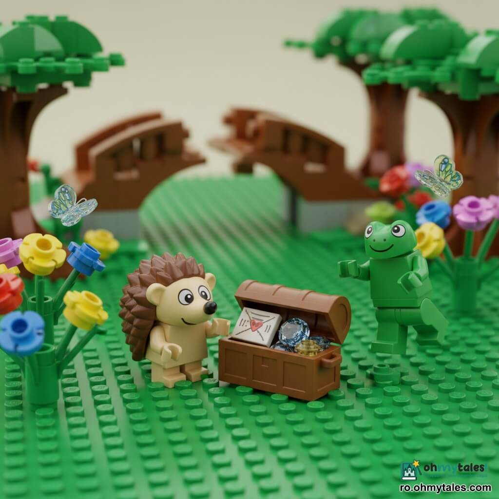 Pic, un mic arici din cărămizi LEGO, pare mândru și uimit în timp ce deschide cu lăbuțele un cufăr mic de lemn; lângă el, Blip, o broască verde LEGO, zâmbește fericit și pare că aplaudă; într-o poiană colorată cu plăci verzi, flori multicolore și fluturi translucizi, în fundal un pod brun puțin rupt și copaci cu trunchi texturat și frunziș rotund, iar în cufăr se văd pietre translucide sclipitoare și o scrisoare pliată din „hârtie” LEGO — scenă caldă, curioasă și prietenoasă, cu lumină blândă și culori vii.