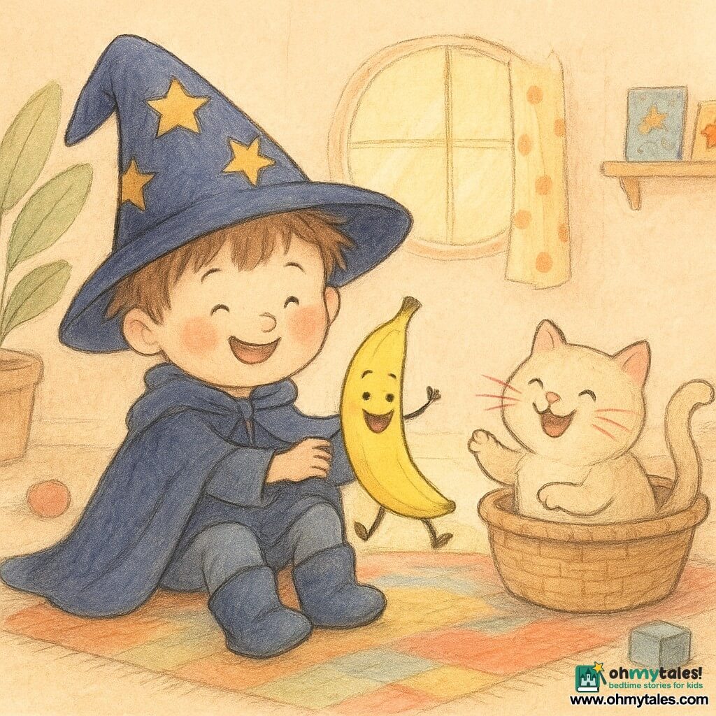 A small apprentice boy wizard with a round face, rosy cheeks and tousled light-brown hair wears an oversized starry hat, navy cape and big blue boots, sitting on a colorful rug smiling as a playing card in his hands has turned into a bright yellow dancing banana with little eyes and a laughing mouth; a plump cream-colored female cat with a corkscrew tail and glowing pink whiskers laughs and bats from a laundry basket beside the rug; the cozy pastel living room has a large green plant, a round window with a polka-dot curtain letting in a golden sunbeam, scattered toys and a wooden shelf with shiny cards, creating a warm, playful, enchanted scene.