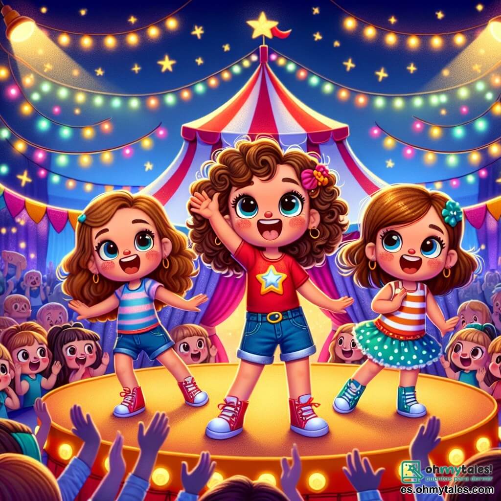 En primer plano, tres chicas, Ana (8 años, cabello castaño y rizado, con una camiseta roja y un short de mezclilla), Valeria (9 años, cabello rubio y liso, vestida con un vestido de lunares) y Sofía (7 años, cabello castaño recogido en dos coletas, vestida con una camiseta a rayas), están bailando alegremente en un escenario colorido, rodeadas de luces brillantes. Ana está en el centro, levantando los brazos, mientras Valeria hace una pirueta a su derecha y Sofía, a la izquierda, hace una mueca divertida. En el fondo, el escenario del circo está decorado con grandes pancartas multicolores y globos flotantes, con una enorme carpa a rayas roja y blanca que se alza majestuosamente. Los espectadores maravillados aplauden, y las estrellas brillan en el cielo nocturno, añadiendo un toque mágico a la atmósfera. La situación principal muestra a las tres chicas realizando un número cómico para hacer reír a los leones, con gestos divertidos y expresiones alegres, mientras los leones curiosos las observan con ojos brillantes de travesura.