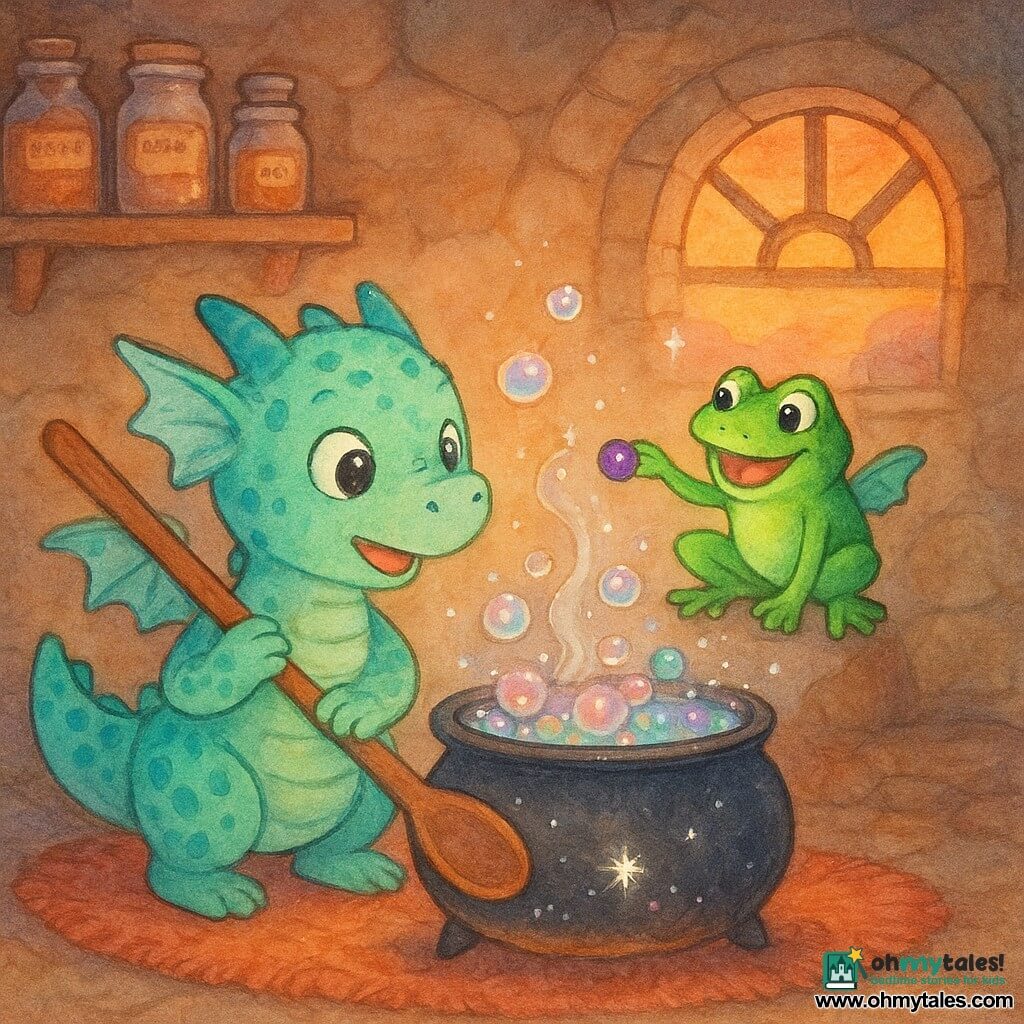 A cat-sized dragon named Pufflet with mint-green scales and turquoise spots, tiny wings frantically beating, looks awestruck and focused while holding a large wooden spoon over a bubbling cauldron; a gleaming emerald-skinned toad called Froop perches on the rim laughing and pointing to a shiny purple berry he just dropped; the black cast-iron cauldron overflows with iridescent colorful bubbles that glitter like glass marbles, some bursting into tiny white stars; the scene is in a cozy cave with warm stone walls, plush rugs, shelves of labeled jars and a small round window showing an orange sunset; overall a sparkling, pastel-vivid, soft-warm-lit, whimsical humorous tone with white highlights on bubbles and eyes.