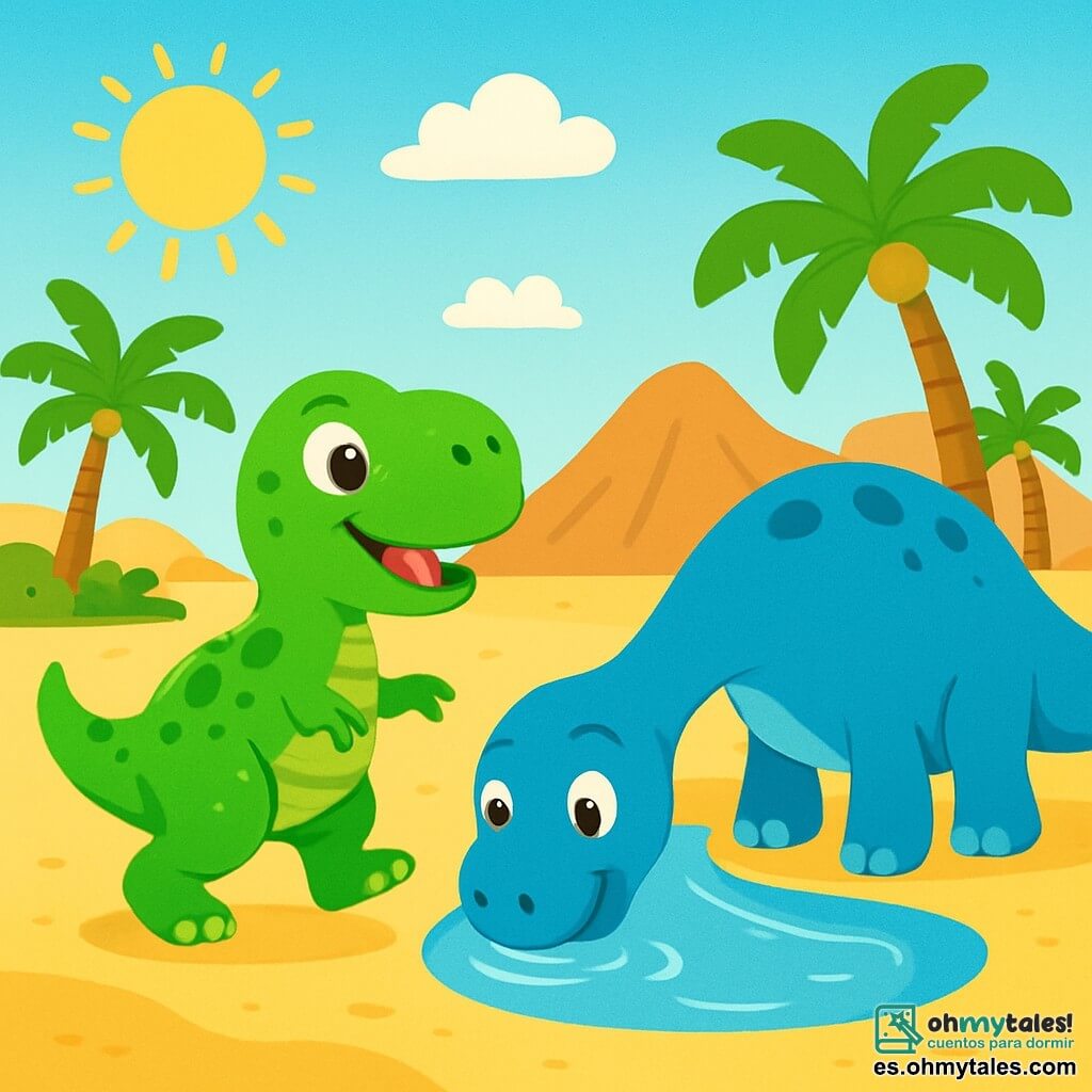 Un Tyrannosaurus Rex alegre, con escamas verdes brillantes y ojos chispeantes de curiosidad, se encuentra en la playa, moviendo sus pequeñas patas traseras sobre la arena dorada. A su lado, un gran diplodocus azul, con un cuello largo y gracioso, se inclina para beber agua de un charco, mirando a Tino con una sonrisa amistosa. La escena tiene lugar en una playa prehistórica, con palmeras exuberantes y montañas de fondo, bajo un cielo azul brillante. Tino, el Tyrannosaurus, se acerca al diplodocus, curioso y emocionado, listo para hacer un nuevo amigo.