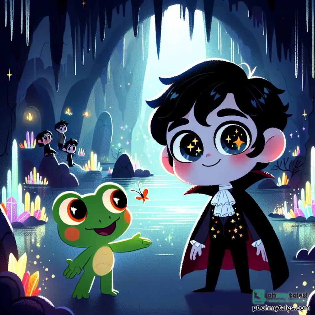 No centro da imagem, um vampiro chamado Vampirus, um garoto com cabelos negros desgrenhados e olhos brilhantes, sorri timidamente. Ele usa uma capa preta com padrões estrelados e está em uma caverna, cercado por estalactites cintilantes. Ao seu lado, um pequeno sapo chamado Tito, com pele verde brilhante e grandes olhos redondos, salta alegremente, estendendo uma mão amigável para Vampirus. Perto deles, Lila, uma delicada borboleta de asas multicoloridas, voa ao redor, suas asas brilhantes iluminando a caverna escura. A caverna é preenchida com luzes suaves e reflexos cintilantes, com paredes de pedra adornadas com cristais que brilham como estrelas. Plantas luminosas crescem nos cantos, criando uma atmosfera encantada. Nesta cena, Vampirus, Tito e Lila se encontram pela primeira vez, compartilhando um momento de alegria e a promessa de amizade, enquanto a magia de seu encontro começa a transformar o ambiente ao seu redor.