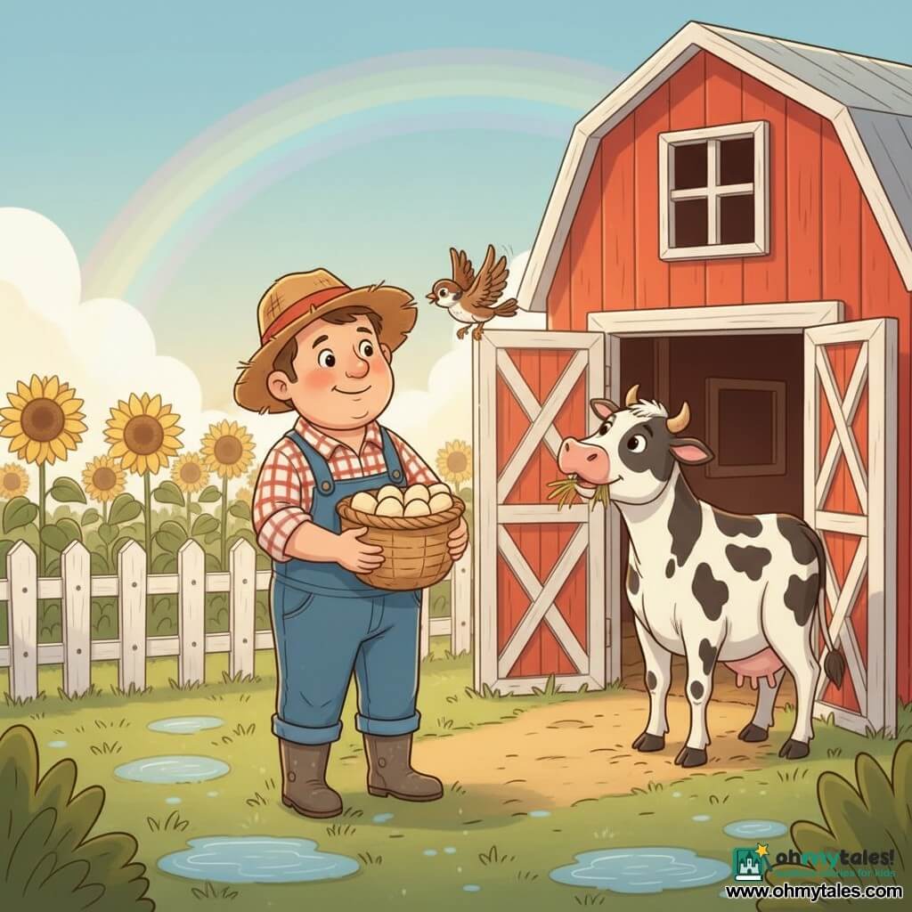A smiling ~40-year-old farmer with a round face, rosy cheeks, blue denim overalls, a red-and-white plaid shirt, a crumpled straw hat and muddy boots holds a wicker basket of warm eggs and gently watches a small sparrow; to the right near the barn entrance stands Daisy, a tall black-and-white cow with soft eyes chewing hay and tilting her head toward the farmer; the sparrow is flying toward the light above the basket just left of the open red wooden barn doors; dawn farmyard with a freshly painted white fence, very tall yellow sunflowers, wet green grass with bright puddles and a pale rainbow, warm peaceful atmosphere, saturated colors, soft strokes and simple textures.