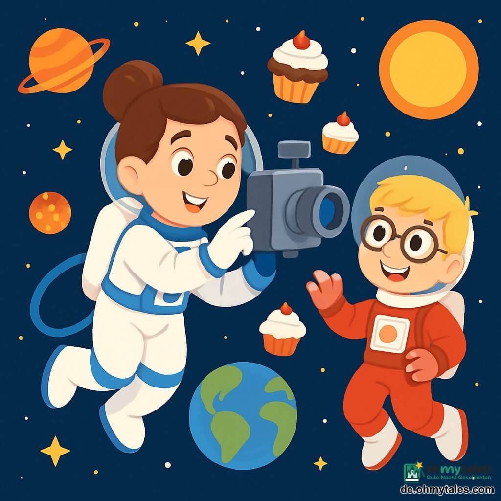 Eine Astronautin mit braunen Haaren im Dutt, lächelnd und voller Freude, schwebt schwerelos in ihrem eleganten weißen und blauen Raumanzug. Sie richtet eine große Raumkamera ein, ihre Augen leuchten vor Aufregung. In der Nähe beobachtet ein etwa 10-jähriger Junge, ihr Kollege mit blonden Haaren und runden Brillen, sie mit einem breiten Lächeln und hält ein kleines schwebendes Dessert in der Hand. Er trägt einen ähnlichen Raumanzug, jedoch in Rot, und steht direkt neben Anna, bereit ihr zu helfen. Die Szene spielt im weiten interstellarischen Raum, gefüllt mit funkelnden Sternen und bunten Planeten, während die Erde im Hintergrund als schöne blaue und grüne Kugel erscheint, vom Sonnenlicht beleuchtet. Anna arbeitet an der Kamera, umgeben von schwebenden Desserts, während ihr Freund sie fröhlich anfeuert. Die beiden Figuren teilen einen Moment der Kameradschaft und des Staunens über die Schönheit des Kosmos.