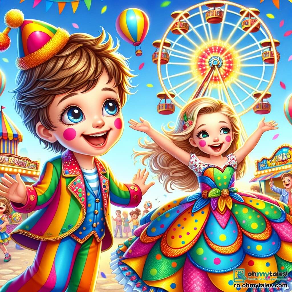 Un băiețel de 4 ani, Andrei, cu părul castaniu zbârlit și ochi mari strălucitori de bucurie, poartă un costum colorat de clown cu buline multicolore. Zâmbește larg, ridicând brațele în aer, uimit de carnaval. Lângă el, o fetiță de 5 ani, îmbrăcată într-o rochie de flutur cu aripi strălucitoare, dansează vesel, cu părul blond fluturând în vânt. În fundal, o roată mare colorată se învârte încet, înconjurată de standuri de jocuri și baloane plutind într-un cer albastru strălucitor. Scena emană o atmosferă festivă, plină de râsete și muzică, în timp ce Andrei și fetița se distrează în mijlocul mulțimii vesele, căutându-și părinții.