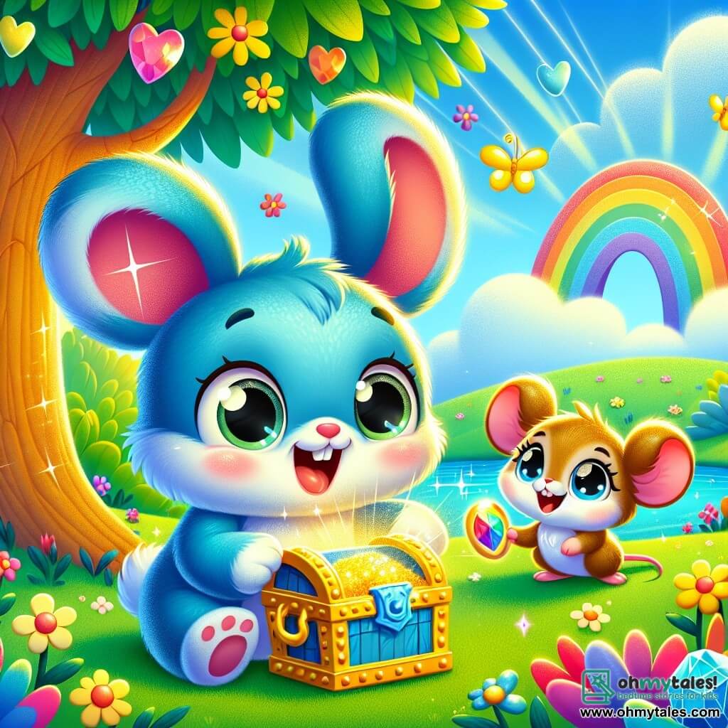 A small blue rabbit, Benny, with big soft ears and sparkling curious eyes, stands in front of a rainbow-leaved tree, his face glowing with excitement and determination. Next to him is Mia the Mouse, a tiny character with brown fur and bright eyes, happily smiling while holding a small treasure map. The setting is a sunny meadow dotted with colorful flowers and fluttering butterflies, with a bright blue sky in the background. Benny and Mia are discovering a sparkling treasure chest surrounded by glittering gemstones, as rays of sunlight illuminate the magical scene.