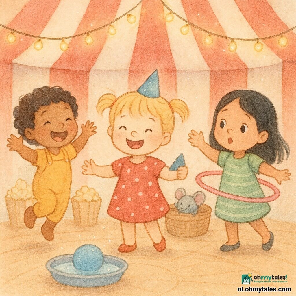 Drie meisjes van 2 jaar: in het midden een blond meisje met korte staartjes in een rood jurkje met witte stippen, lachend en een klein blauw puntmutsje in haar rechterhand; links een krullend bruin meisje in een gele tuinbroek, op haar tenen springend en klappend; rechts een zwart haar meisje in een groene gestreepte jurk, een roze hoepel rond haar middel draaiend met een verbaasde blik. Ze staan op een ronde circusvloer van licht hout in het midden van een rood-wit gestreepte tent; er staan popcornbakken en een groot rieten mandje achter hen en er hangen warme lichtslingers. Ze geven een vrolijk optreden, lachen en spelen; een grijs muisje knipoogt vanuit de mand en een blauw ballonnetje valt in een glanzend waterbakje; zachte verlichting, witte glinsteringen, pastelpalet.