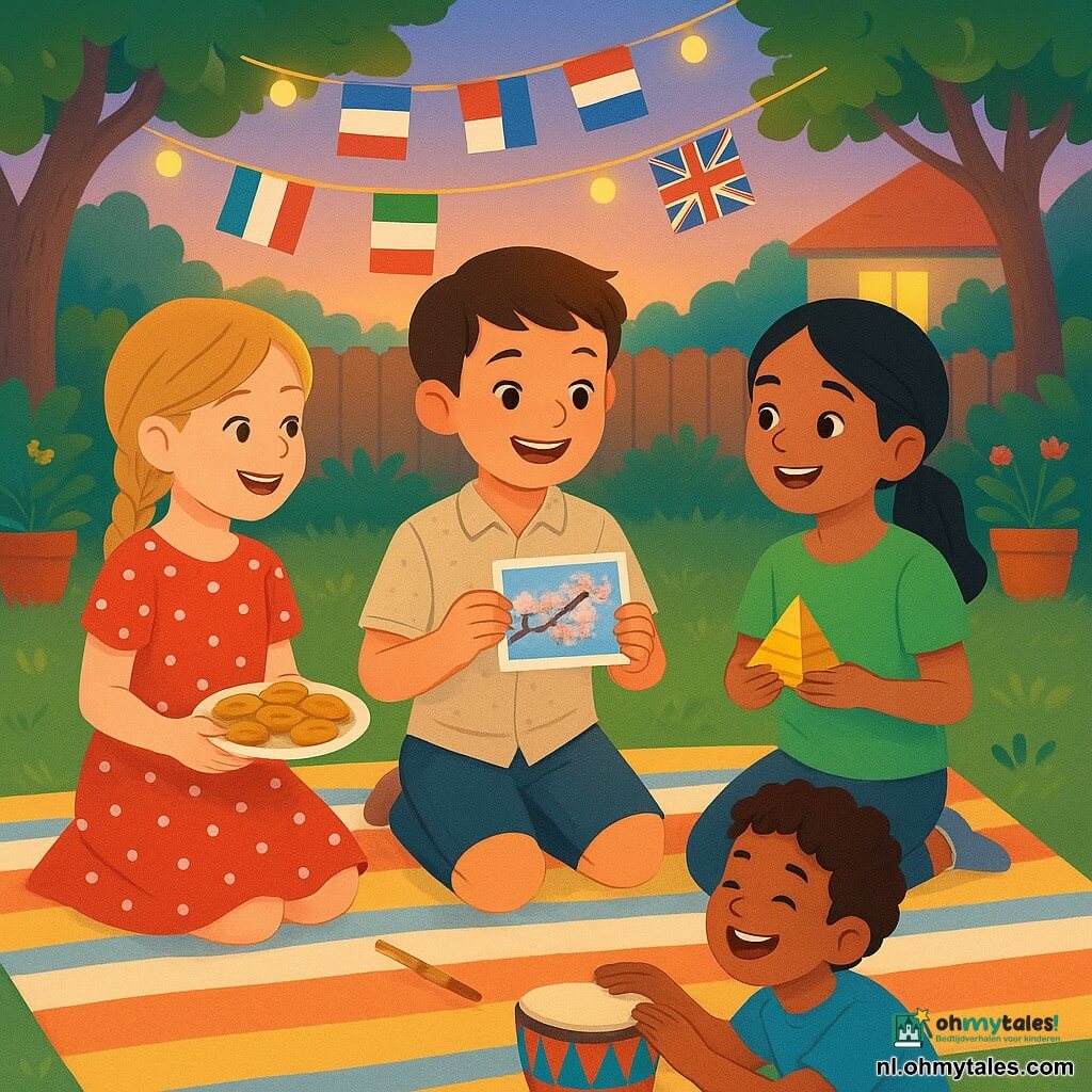 Er zijn vier kinderen van 8 jaar: Sam, jongen met kort bruin haar, zit in het midden op een gestreepte picknickdeken en toont een foto van bloeiende kersenbomen; Julia, meisje met blonde gevlochten haren in een rode jurk met stippen, staat links van Sam en houdt een bordje met kleine Italiaanse koekjes; Noor, meisje met opgestoken zwart haar en groen T‑shirt, staat rechts van Sam en laat een kleine gouden piramide zien; Timo, jongen met krullend haar en felblauw T‑shirt, zit vooraan en tikt lachend op een kleurrijk trommeltje. Ze zitten in een huiselijke tuin bij schemerlicht, met vlaggetjes tussen bomen, gele lichtjes, bloempotten, een houten schutting en een huis op de achtergrond; ze vormen een kring, delen gerechten en voorwerpen uit verschillende landen, tonen elkaar spullen en hebben vrolijke, uitwisselende gebaren en een warme, kleurrijke sfeer van delen en ontdekking.