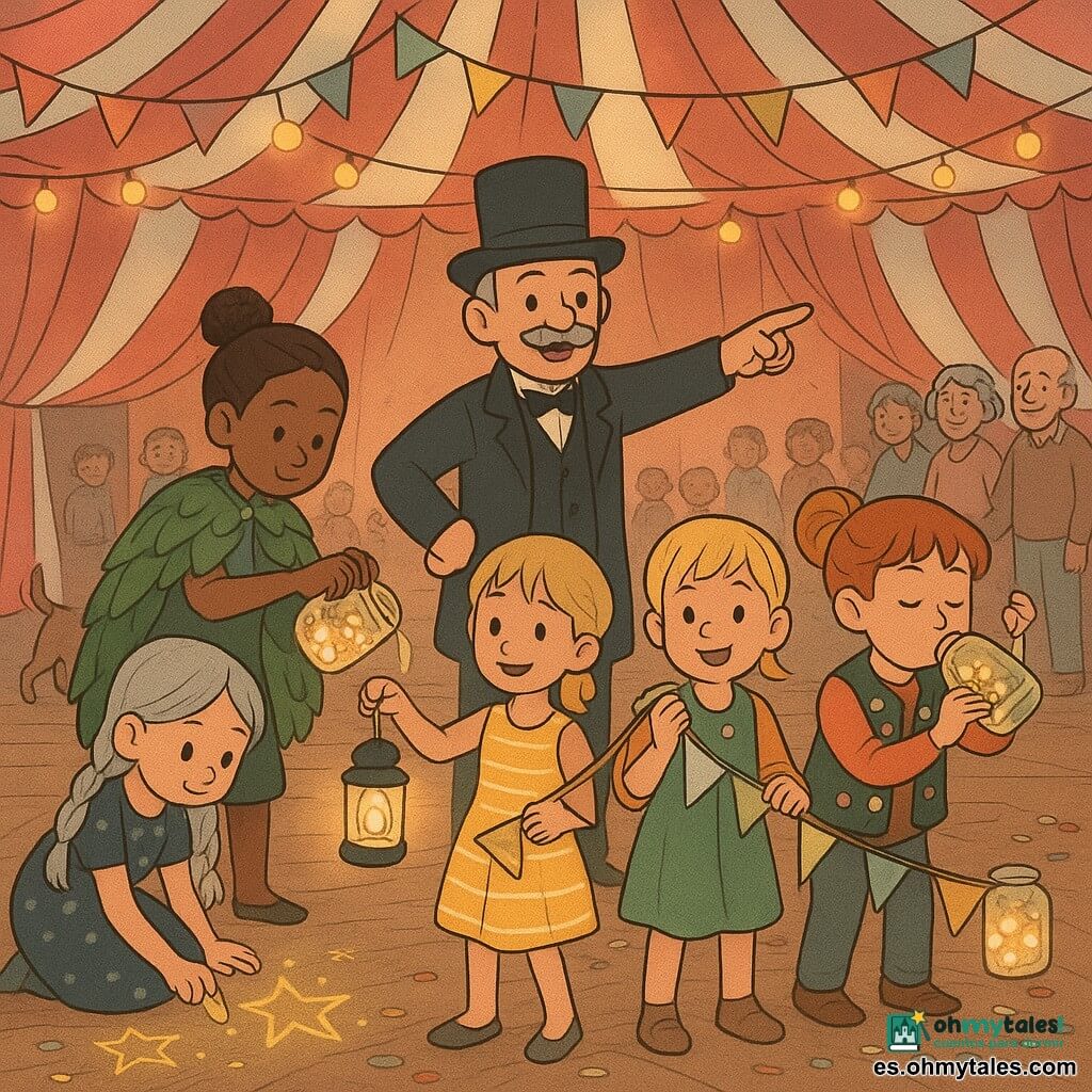 Hay cinco personajes: Luna, niña de 9 años, trenzas plateadas largas, falda con lunares plateados, dibuja estrellas con tiza luminosa a la izquierda; Sol, niña de 9 años, pelo corto rubio, vestido de rayas amarillas, sostiene banderines reflectantes y una linterna a la derecha; Maia, niña de 9 años, pelo castaño en moño, capa verde de hojas, vierte pequeños frascos luminosos detrás de Luna; Clara, niña de 9 años, pelo pelirrojo en coleta, chaleco con botones de colores, sopla en un frasco con perlas luminosas junto a Sol; Timo, hombre de unos 60 años, bajo, sombrero de copa negro y bigote gris, sonríe, da indicaciones y señala el camino en el centro frente a los niños. Lugar: gran carpa de circo interior roja y blanca, suelo de madera con marcas de tiza, banderines y guirnaldas luminosas, sillas alineadas y confeti. Situación: los niños crean un sendero luminoso hacia la pista con frascos de vidrio brillantes y estrellas de tiza que guían a la gente; espectadores sonrientes siguen el camino, un perro juega junto a un frasco y una pareja mayor se toma de la mano. Ambiente: suave y cálido, colores saturados, fuerte contraste alrededor de los frascos, estilo de cómic infantil, expresiones alegres y movimientos claros.