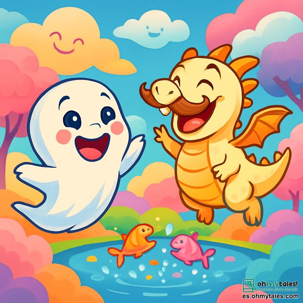 Un pequeño fantasma llamado Gasparín, con mejillas rosas y ojos brillantes como caramelos, flota alegremente en el aire, riendo a carcajadas. Su forma es suave y redondeada, con una ligera brisa que hace ondear su tela translúcida. A su lado, un dragón de nata llamado Gusi, con una gran sonrisa y un bigote de azúcar, vuela haciendo piruetas, sus escamas brillantes destellando bajo el sol. El escenario es un paisaje de ensueño de Nubelandia, donde nubes esponjosas de todos los colores se entrelazan y árboles de algodón de azúcar bailan al ritmo del viento. En el centro, un lago brillante de burbujas multicolores refleja el cielo azul, creando una atmósfera mágica y alegre. La escena muestra a Gasparín y Gusi riendo juntos, rodeados de nubes que parecen sonreír, mientras peces coloridos saltan fuera del agua, salpicando gotas de alegría. Es un momento de pura felicidad y camaradería, donde la magia de la risa une a todas las criaturas de Nubelandia.