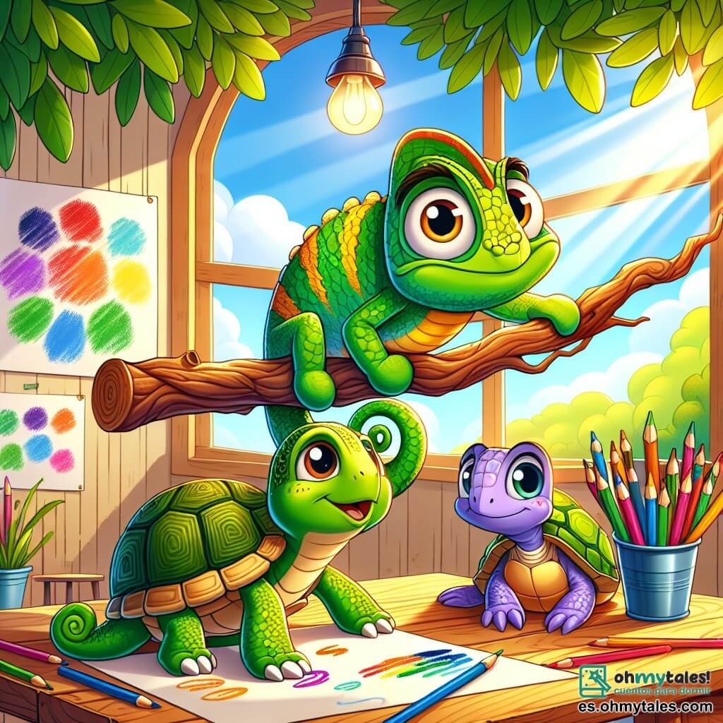 Camilo, un camaleón de escamas verdes y amarillas brillantes, está sentado en una rama de árbol, con aire curioso y entusiasta. Sus grandes ojos redondos brillan de emoción mientras sostiene un pincel colorido en su pata. A su lado, Suri, una tortuga con un caparazón marrón y ojos dulces, observa con una sonrisa alentadora, con sus patas en el suelo, llena de confianza. Lina, una lagartija de escamas moradas, se mantiene un poco al margen, con una expresión de duda en su rostro, pero observa atentamente, lista para participar. El escenario es un aula luminosa, llena de plantas verdes y dibujos coloridos colgados en las paredes, donde los rayos del sol filtran a través de las ventanas. Lápices de todos los colores están esparcidos sobre una gran mesa de madera, y un gran papel blanco está extendido frente a ellos, listo para ser llenado con sus creaciones. La situación principal muestra a Camilo, Suri y Lina discutiendo alegremente sus ideas para el mural, cada uno compartiendo historias de su cultura, mientras risas y sonrisas iluminan sus rostros.