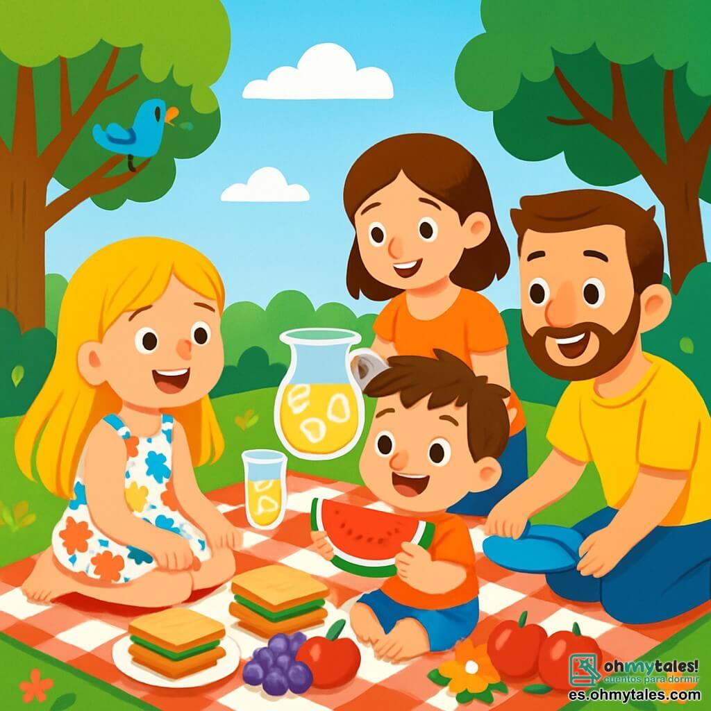 Una niña de 6 años, Lucía, con largos cabellos dorados que brillan como el sol, sonríe alegremente. Lleva un vestido ligero con flores de colores y está sentada sobre una manta de picnic, rodeada de deliciosos sándwiches y frutas frescas. A su lado, su hermanito Tomás, de 3 años, con el cabello castaño despeinado y una gran sonrisa, sostiene una rodaja de sandía jugosa en sus pequeñas manos. Él está sentado frente a Lucía, con los ojos brillantes de felicidad. Su mamá, una mujer sonriente con cabello castaño, prepara bebidas frías en un gran tarro de vidrio, mientras que su papá, un hombre jovial con barba corta, coloca platos sobre la manta. La escena se desarrolla en un jardín verde, lleno de flores coloridas, bajo un cielo azul brillante con algunas nubes blancas. Árboles majestuosos ofrecen sombra, y los pájaros cantan alegremente en las ramas. Lucía y su familia disfrutan de un picnic de verano soleado, riendo y compartiendo historias, creando recuerdos inolvidables juntos.