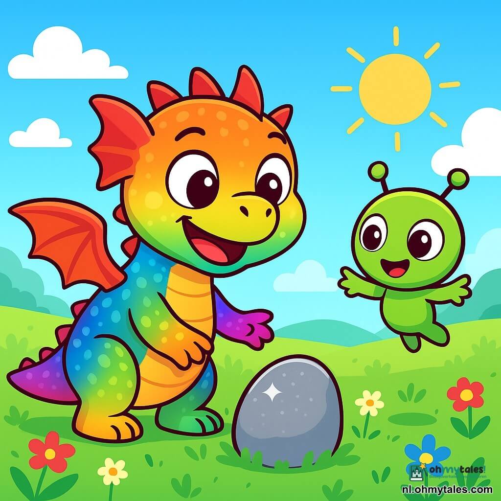 Een kleine draak genaamd Flik, met glanzende schubben in regenboogkleuren, staat in het midden van de afbeelding, met wijd opengesperde ogen van verwondering en een grote glimlach op zijn gezicht. Hij verkent een mysterieuze, fonkelende voorwerp dat hij in het gras heeft gevonden. Naast hem zweeft een kleine groene alien genaamd Zipp, met grote ronde ogen en een brede glimlach, iets boven de grond, met open armen als teken van vriendschap, terwijl hij fascinerende verhalen over zijn planeet deelt. De achtergrond is een groen veld, bezaaid met kleurrijke bloemen die dansen in de lichte bries, met een stralende blauwe lucht en donzige witte wolken. In de verte tekenen zich zachte heuvels af onder een stralende zon. De belangrijkste situatie toont Flik en Zipp die de vriendschapsboodschap op een steen ontdekken, omringd door een vrolijke en magische sfeer, die de verbinding tussen hun werelden symboliseert.