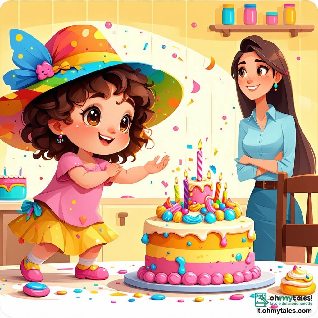 Una bambina di 4 anni, con grandi occhi brillanti e capelli ricci, indossa un bel cappello colorato e ha un sorriso meravigliato sul volto. È accovacciata, pronta a saltare, con una mano tesa verso una torta magica che rimbalza gioiosamente su una sedia. Accanto a lei, sua madre, una donna sorridente di circa 30 anni, con capelli lunghi e lisci, la osserva divertita, con le braccia incrociate, in cucina. La cucina è luminosa, con pareti gialle e mensole piene di barattoli colorati. La scena principale mostra la bambina determinata a prendere la torta che scappa, saltando da un mobile all'altro, creando un'atmosfera piena di gioia e avventura.