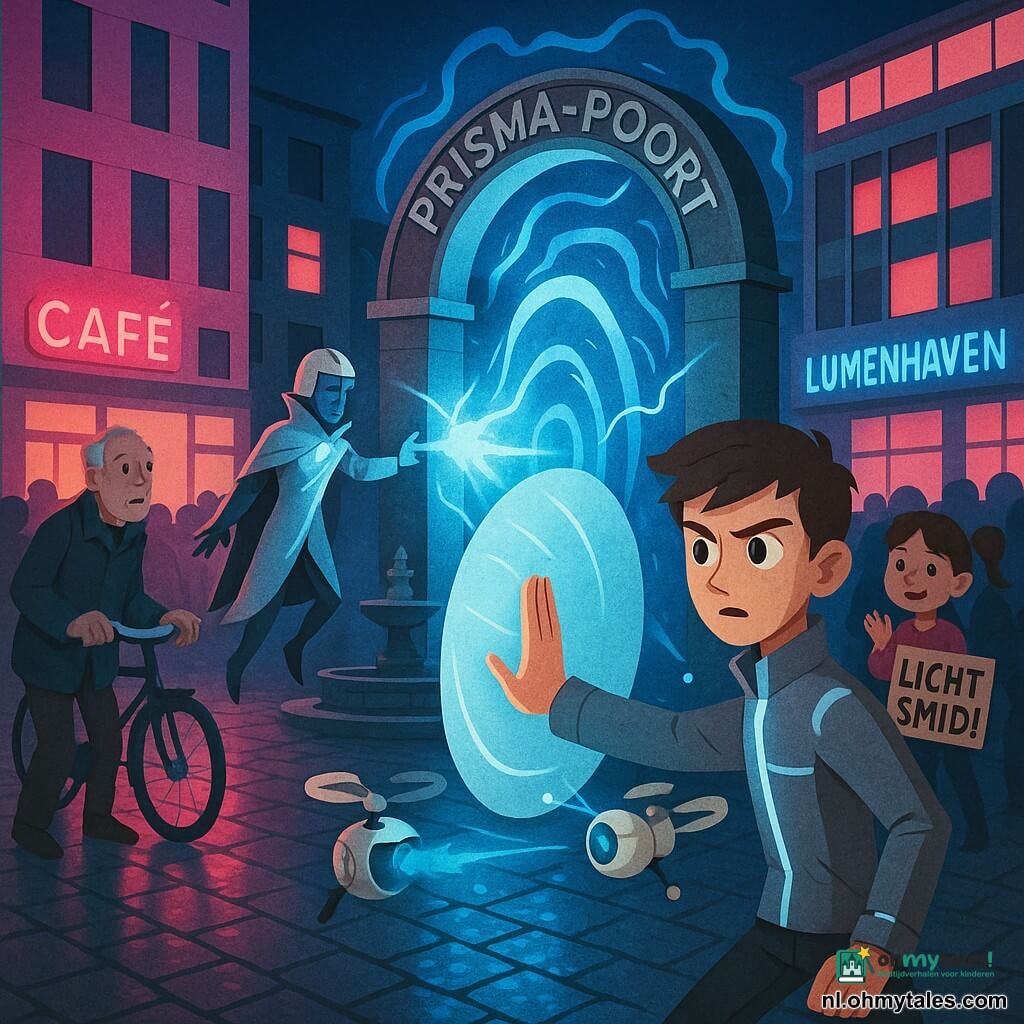 Hoofdpersoon: Milo, slanke tiener (±15), geconcentreerd en dapper, grote vastberaden ogen, grijze jas met lichtpanelen en bleue lijnen langs de armen; hij projecteert een groot doorschijnend lichtschild met open handpalm. Secundair: Baron Null, koele arrogante man (±40), glanzende aluminiumkleurige mantel en gedeeltelijk helm, zweeft net boven de grond bij de basis van de poort en wenkt naar de metalen boog. Secundair: Pip, klein rond drone met drie propellers, gebroken wit lichaam en blauw camera-oog, zweeft bij Milo's rechterschouder en zendt mini-projecties uit. Secundair: meisje (±9) linksvoor met staartjes, timid applaudisserend en met kartonnen bord "Lichtsmid!", en een oudere man (±70) met fiets, voorzichtig terugwijken, bezorgd maar opgelucht. Plaats: Lumenhaven stadsplein 's nachts, nat geplaveide grond reflecteert roze en blauwe neon, stenen fontein in het midden, glazen gevels en lichtreclames, grote glanzende metalen boog (Prisma-Poort) in het centrum die trilt en blauwe energie uitstraalt. Situatie: dynamische scène waarin de Prisma-poort oplicht en omhoog komt; Milo houdt een ontlading tegen met zijn lichtschild terwijl Baron Null de poort probeert te beheersen en het publiek in een halve cirkel terugwijkt; sterke contrasten tussen koud blauw en warme roze neon, papier-achtige texturen en eenvoudige geometrische vormen.