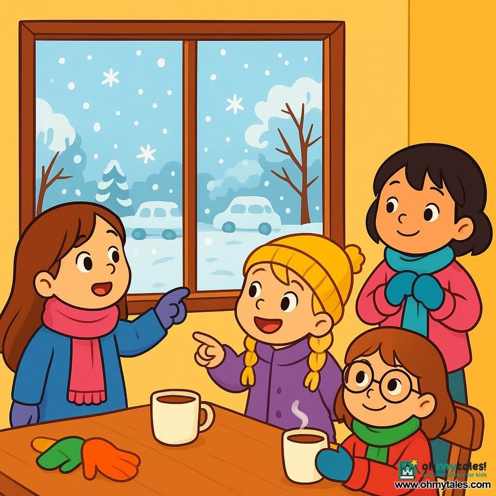 There are four children: Lena, a 6-year-old girl with long brown hair, wearing a pink scarf and a blue coat, standing by the window with wide eyes, admiring the falling snowflakes; Maya, a 6-year-old girl with blonde braided hair, dressed in a purple coat and a yellow hat, next to Lena, laughing and pointing at the snow-covered cars; Sofia, a 6-year-old girl with brown hair and glasses, wearing a red coat and a green scarf, sitting at the table holding a cup of hot chocolate with a sweet smile; and Emma, a 6-year-old girl with short black hair, wearing a pink coat and blue gloves, standing and tugging at her own scarf with a determined and joyful expression. The setting is a cozy kitchen with pastel yellow walls and a large window overlooking a winter landscape, where snowflakes dance in the air, covering trees and cars in a bright white blanket. Inside, a wooden table is adorned with cups of hot chocolate, and colorful mittens are scattered on the floor. The main scene shows the four girls, amazed by the snow, sharing laughter and joyful moments, ready to embark on an adventure to the Winter Discovery Center.