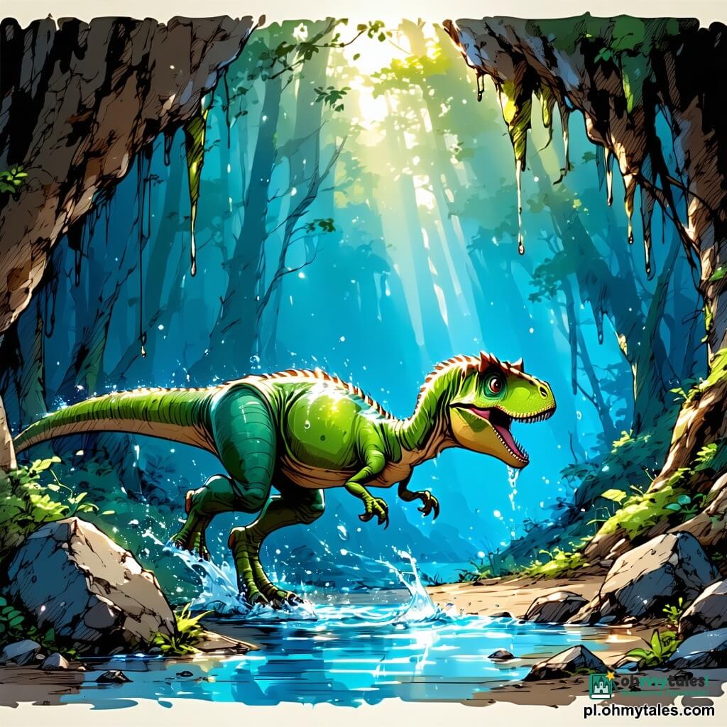 Młody, żywy welociraptor o dużych ciekawskich oczach i radosnym, ulgowym wyrazie pędzi przez lśniącą falę wody ku jaskini, krople wokół pyska; stary, masywny stegozaur z szerokimi płytami stoi przy wejściu, chroniąc i prowadząc go; mały zielony ceratops z krótkimi rogami trzyma jagody wewnątrz przy wyrytych ścianach; rozległa ciemna jaskinia za cienką srebrzystą wodospadą, nacieki i skalne ściany z malowidłami, kamyki i mech; noc burzy — welociraptor szuka schronienia u zgromadzonych dinozaurów, atmosfera uspokajająca mimo deszczu.