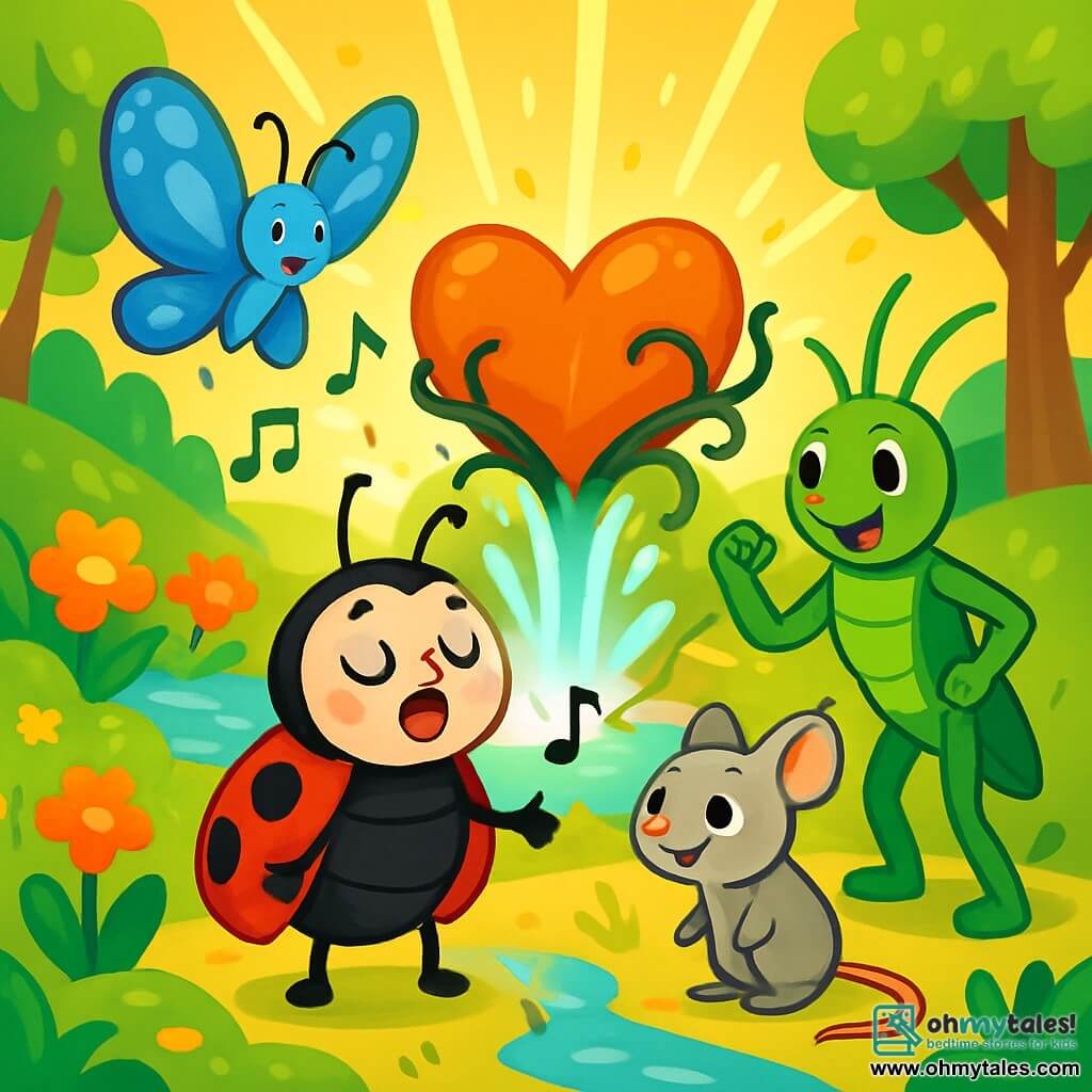A little ladybug named Lila, with a bright red shell dotted with shiny black spots, stands at the center of the scene, her eyes sparkling with determination and hope. She is surrounded by her friends: Benny, a blue butterfly with shimmering wings, joyfully flying above her, and Mia, a small gray mouse with mischievous eyes, curiously scanning the ground. Gus, a muscular green cricket, stands beside them, ready to leap with an encouraging smile. The setting is a magical valley bathed in golden light, where colorful flowers dance in the wind and a sparkling stream winds between the stones. In the distance, tall trees with shiny leaves create an enchanting backdrop. The main scene shows Lila and her friends singing together to free the heart of the valley, a large heart-shaped stone surrounded by dark vines, as water begins to burst forth brightly, illuminating everything around them.