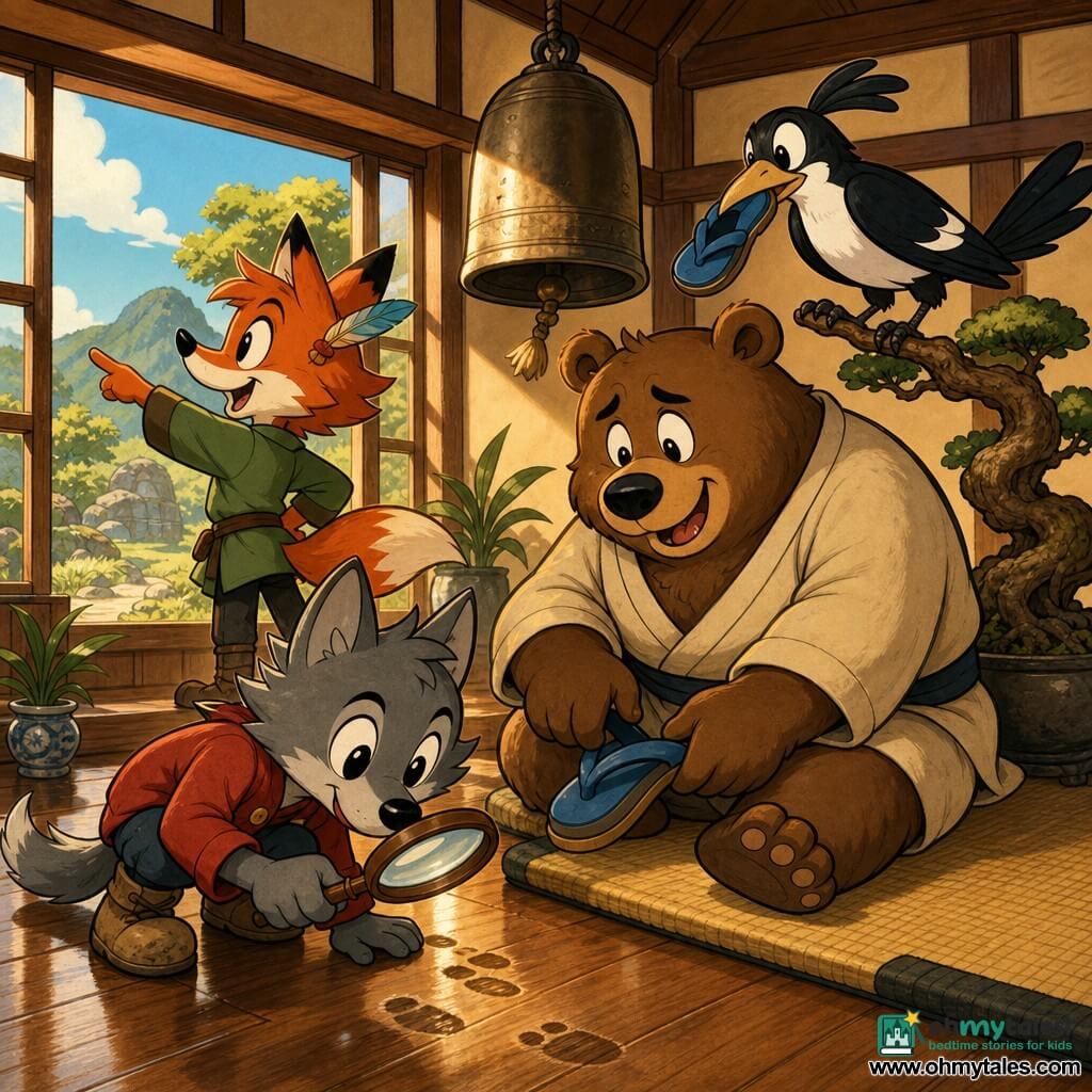 The main character is Lenny, a clever, focused anthropomorphic gray wolf with big shiny eyes, a red jacket and dusty boots, crouching with a wooden magnifying glass to inspect a clue on the floor; Benny is a round, friendly brown bear, a bit worried but relieved, sitting by a wooden tatami while putting on a blue sandal and wearing a simple beige kimono; Maggie is a proud, glossy black-and-white magpie perched on a bonsai branch inside the warm wooden dojo, holding the second sandal in her beak; Emily is a curious red fox standing by the window with a feather behind her ear, pointing her nose outside. The cozy dojo features polished plank floors, thick tatami, large open windows with a sunbeam, a hanging bronze bell and potted plants; warm colors, textured wood grain and simple Japanese patterns. The scene shows Lenny investigating, Maggie returning the sandal, Benny retrieving it and the animals gathered in a circle with friendly expressions and dynamic poses, joyful mystery-solving mood. Graphic style: rubber-hose thick lines and smooth curves, saturated yet soft palette, clear child-friendly composition, soft light, simple shadows and hand-drawn textures.