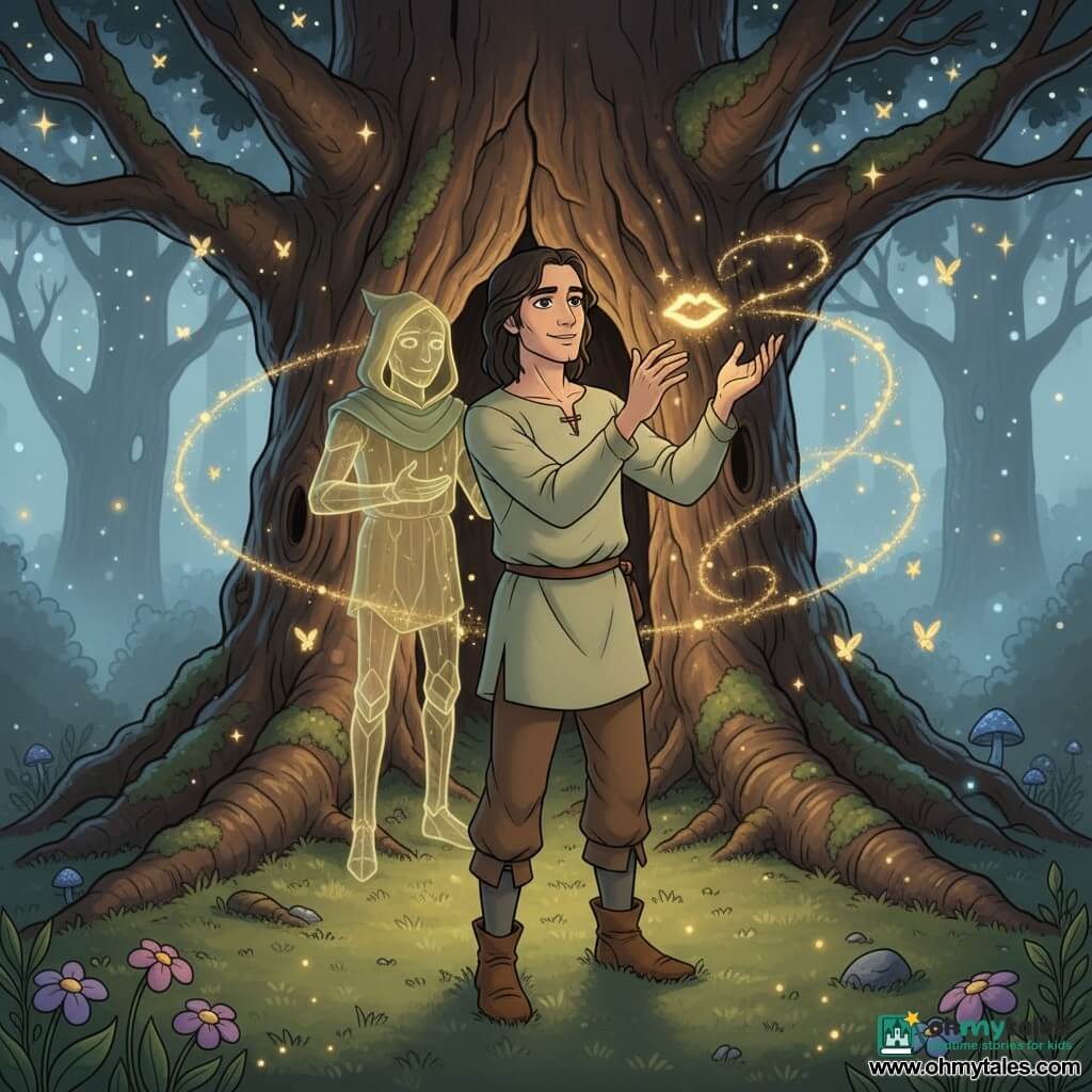 A man named Elian with soft features, deep black eyes and shoulder‑length dark chestnut hair smiles gently, hands raised toward a small floating glow; he wears a pale green linen tunic, brown trousers and worn boots, standing rooted on a mossy carpet beneath a massive ancient oak whose cracked trunk, twisting roots and wide branches form a starry canopy, while a nonhuman hooded guardian with crystalline edges stands a few steps behind, offering the light; golden fireflies dance around him—trails and sparks, one forming a kiss above his hand—as the little light transfers a warm, golden energy that iridesces his face and the moss; luminescent purple flowers, blue mushrooms, silver mist and moonbeams complete the fairy, serene atmosphere.