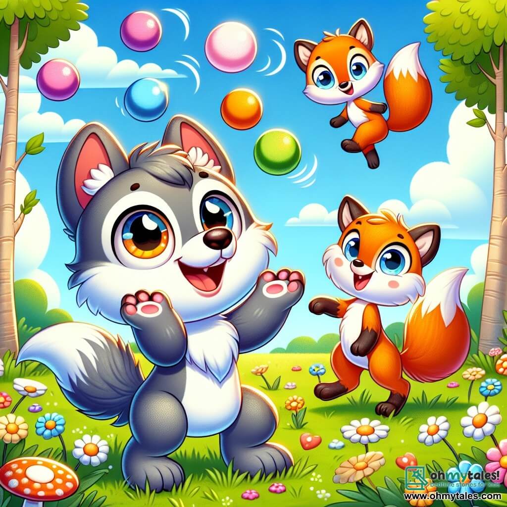 An illustration depicts a small gray wolf with big curious eyes, wearing a wide smile and a playful expression, juggling colorful marshmallows with its paws raised in the air, ready to catch them. Next to it, a mischievous fox with bright orange fur and a bushy tail stands on its hind legs, laughing heartily, its eyes sparkling with mischief. A small brown owl with large round eyes perches on a branch, observing the scene with an amused smile, its wings slightly spread as if ready to take flight. The main setting is a sunny meadow dotted with colorful flowers and surrounded by tall green trees. The sky is bright blue with a few fluffy white clouds, and a gentle breeze makes the grass dance. The main situation shows the little wolf and its friends having fun juggling marshmallows, laughing at their own clumsiness while a light wind carries some treats into the air. Other graphic elements include a colorful picnic with fruits and drinks, a striped picnic blanket, and scattered marshmallows, creating a joyful and playful atmosphere.