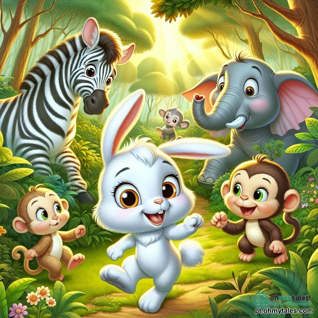 Um coelho chamado Zé, com pelagem suave e branca, grandes orelhas eretas e olhos brilhantes de curiosidade, salta alegremente por uma floresta verdejante, com um grande sorriso no rosto. Ao lado dele, uma zebra listrada, com um ar divertido, faz saltos graciosos, enquanto um pequeno macaco travesso, pendurado em um galho, ri balançando os braços. Ao fundo, uma elefanta de grandes orelhas, com uma expressão alegre, observa a cena, pronta para se juntar a eles. A floresta está repleta de árvores majestosas com folhas brilhantes, flores coloridas e uma suave luz dourada filtrando através dos galhos. Zé e seus amigos estão em busca de um tesouro, procurando atrás das árvores e na grama verde, cheios de emoção e risadas.