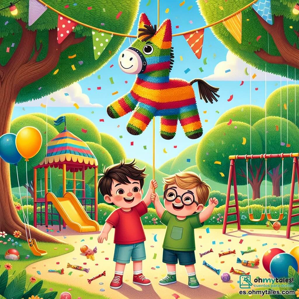 Hay dos personajes principales: Leo, un niño de cuatro años con cabello castaño desordenado y una gran sonrisa, que lleva una camiseta roja y un pantalón corto azul. Está de pie en el centro, sosteniendo un globo amarillo en su mano. A su lado está Tomás, un niño de cuatro años con cabello rubio y gafas redondas, vestido con una camiseta verde y pantalones cortos. Se ríe, con los brazos levantados, listo para atrapar un globo que se eleva. La escena tiene lugar en un parque soleado, lleno de vegetación. Árboles con hojas brillantes rodean un área de juegos colorida, con columpios y un tobogán. En el suelo, hay confeti y caramelos esparcidos, testimonio de una fiesta alegre. Al fondo, un gran burro de piñata colorido cuelga de una rama, listo para ser roto. La situación principal muestra a Leo y Tomás divirtiéndose juntos, rodeados de globos flotantes y risas, mientras se preparan para romper la piñata llena de caramelos para celebrar el cumpleaños de Leo.