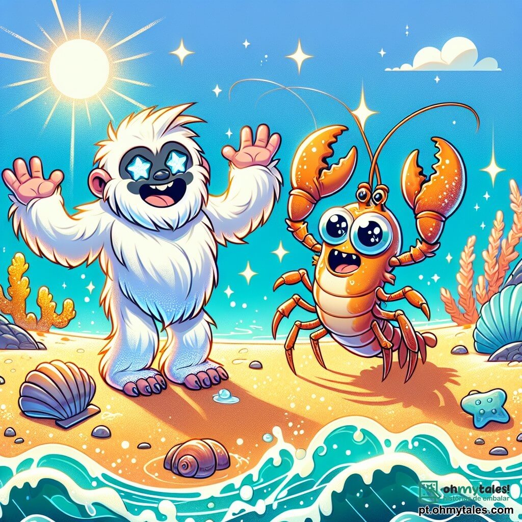 Um yeti chamado Zulu, com pelagem branca brilhante e olhos brilhantes como estrelas, está na praia do Sorriso Perdido. Ele tem um largo sorriso alegre, com os braços abertos, pronto para compartilhar sua boa disposição. Ao seu lado, Crustácio, uma criatura marinha meio peixe, meio lagosta, com antenas coloridas e olhos redondos, se contorce de rir, com suas garras levantadas no ar. A cena acontece em uma praia ensolarada, onde a areia dourada brilha sob os raios do sol e as ondas turquesa dançam alegremente. Algas luminosas cercam a praia, acrescentando um toque mágico ao ambiente. Nesta ilustração, Zulu e Crustácio estão rindo juntos após descobrir uma piada engraçada, cercados por conchas que parecem sorrir e ondas que espirram alegremente na costa.