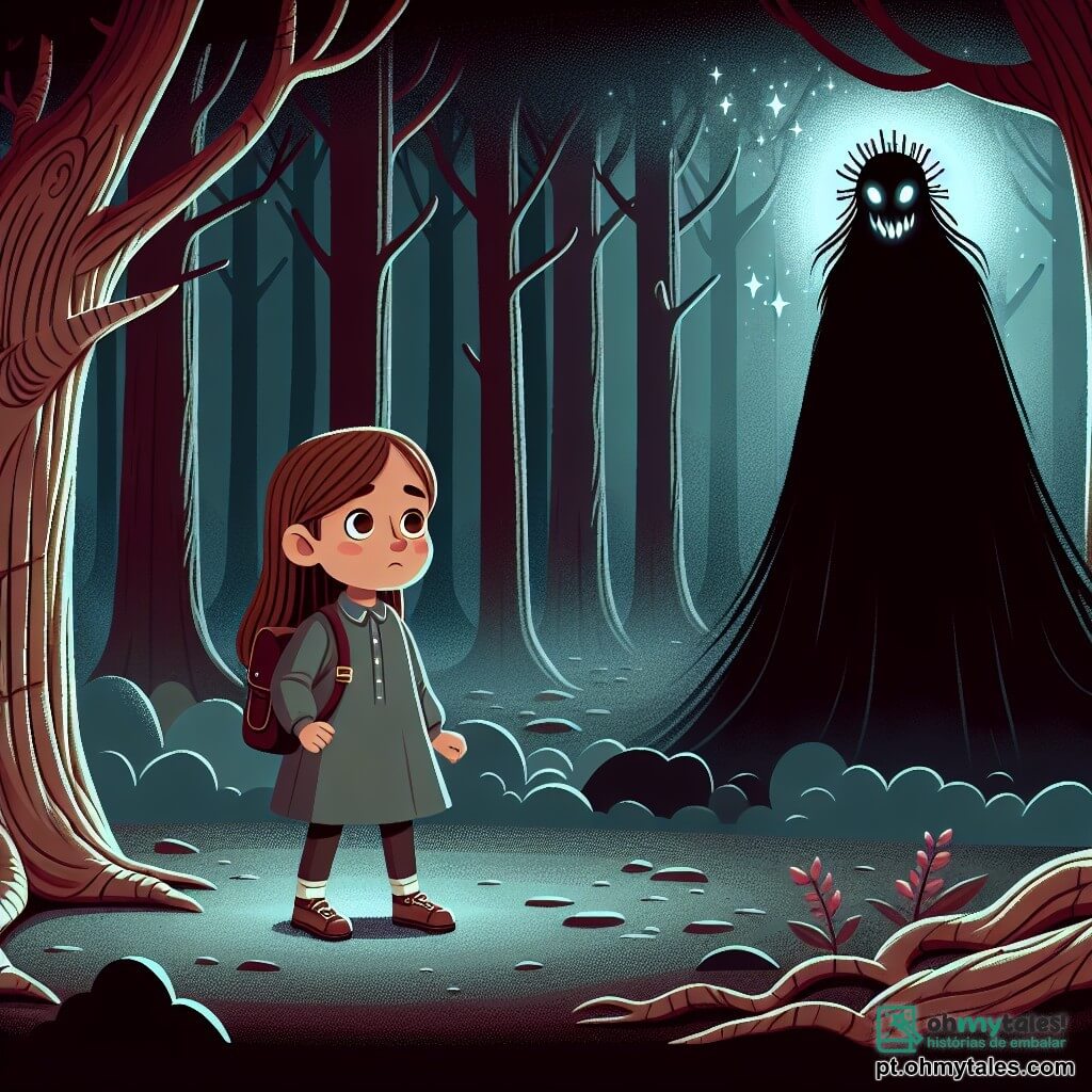 No centro da imagem, uma menina de 12 anos, Clara, se mantém corajosamente no meio de uma floresta escura e misteriosa. Ela tem cabelos longos e castanhos, olhos brilhantes de curiosidade e um rosto determinado, apesar de uma leve nervosidade. Ela usa um vestido simples e botas de caminhada, e observa atentamente uma sombra ameaçadora que se projeta à sua frente. À sua direita, o Guardião dos Medos, uma silhueta imponente envolta em um manto de trevas, se apresenta com uma postura ameaçadora. Seu rosto está oculto, mas seus olhos brilham com uma luz inquietante, parecendo flutuar levemente acima do solo, acrescentando uma aura de mistério. O cenário é uma floresta densa, com árvores de troncos retorcidos e folhas escuras que filtram pouca luz. Névoas leves serpenteiam entre as raízes, criando uma atmosfera mágica e assustadora. A situação principal mostra Clara, pronta para enfrentar o Guardião dos Medos, com seu coração acelerado, enquanto se mantém firme, determinada a não deixar o medo dominá-la. A imagem captura o momento de tensão entre a luz de sua coragem e a escuridão ameaçadora do Guardião.