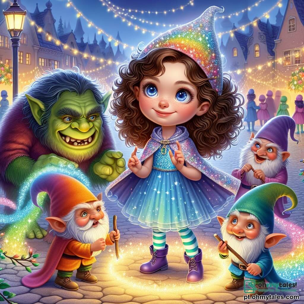 Uma menina de 10 anos, Clara, está no centro do palco, com cabelos cacheados e olhos brilhantes como estrelas, exibindo um sorriso curioso e determinado. Ela usa uma capa mágica cintilante, flutuando levemente ao seu redor, enquanto utiliza seus poderes para criar uma barreira luminosa em forma de arco-íris. À sua direita, um grupo de duendes travessos, cada um medindo cerca de 30 cm, com chapéus coloridos e rostos maliciosos, se ocupa em preparar truques de mágica. Um deles, o líder, tem um chapéu verde vivo e olhos brilhantes, segurando um pequeno bastão de madeira, pronto para lançar uma nova brincadeira. Ao fundo, um troll imponente, com pele verde e traços marcados, observa a cena com um sorriso amigável, mantendo-se um pouco afastado, como se estivesse pronto para se juntar à diversão. O local é uma charmosa praça de Luminosópolis, iluminada por lampiões dançantes, cercada por casas coloridas e flores vibrantes, criando uma atmosfera mágica e alegre. A cena principal mostra Clara e seus novos amigos celebrando a magia e a amizade, enquanto se preparam para realizar uma brincadeira divertida, preenchendo o ar com risos e luz.