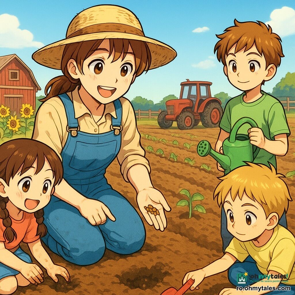 Ana, agricultoare zâmbitoare cu pălărie de paie murdară de pământ, salopetă albastră, în genunchi, ținând semințe de floarea-soarelui în mâna dreaptă și arătând unde să le planteze; lângă ea, o fetiță de 6 ani, entuziasmată, cu părul brun în două cozi, cu mâinile murdare, plantează o sămânță; în față, un băiat de 7 ani, curios, cu păr blond scurt, în genunchi, folosește o lopățică roșie; în spate, un băiat de 9 ani, mândru, cu păr castaniu, ține un stropitor verde pregătit să ude rândurile; în fundal fermă cu tractor roșu ușor ruginit la dreapta, hambar de lemn roșu la stânga, gard de lemn, rânduri proaspăt arate și câteva floarea-soarelui în buton; cer albastru deschis, lumină caldă de dimineață, atmosferă caldă și veselă, plan mediu, culori vii, stil manga cu expresii exagerate dar blânde, compoziție centrată pe gestul plantării și colaborare.