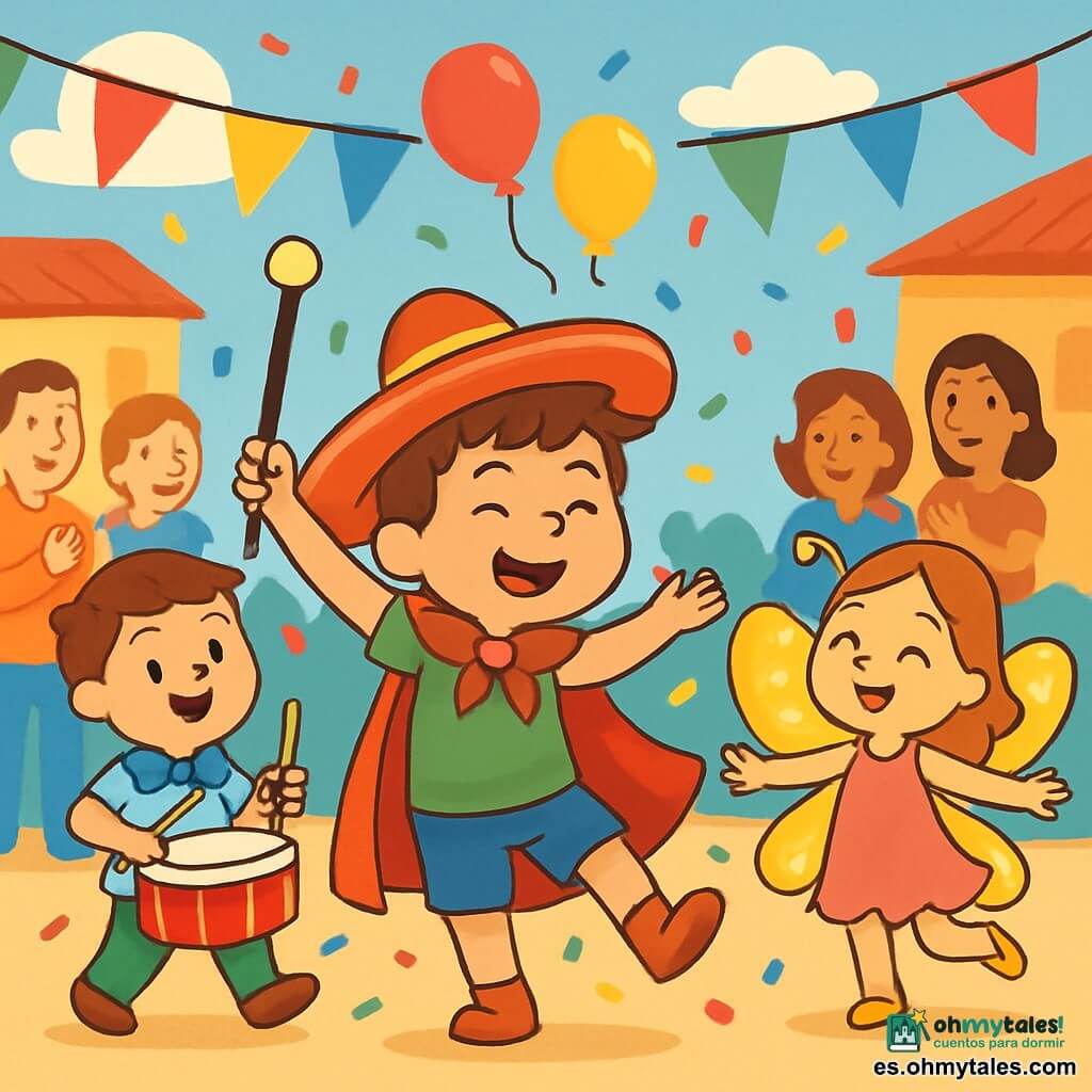 Un niño de 4 años, llamado Mateo, con cabello castaño desordenado y una gran sonrisa, lleva un sombrero rojo y una capa brillante. Baila en el centro del escenario, sosteniendo una batuta, rodeado de confeti colorido que vuela por el aire. A su derecha, Sofía, una niña de 5 años, lleva un hermoso disfraz de mariposa con alas amarillas brillantes. Gira con los brazos abiertos, llena de energía y felicidad. A su izquierda, Tomás, un niño de 6 años, toca el tambor con entusiasmo, su pajarita azul ondeando con cada golpe. La escena tiene lugar en una plaza animada, decorada con banderines de colores y globos, bajo un cielo azul con nubes blancas. Los padres aplauden al fondo, sumando a la atmósfera festiva. La situación principal muestra a Mateo dirigiendo un desfile alegre, todos los niños bailan y ríen juntos, creando una atmósfera de carnaval llena de colores vivos y magia.