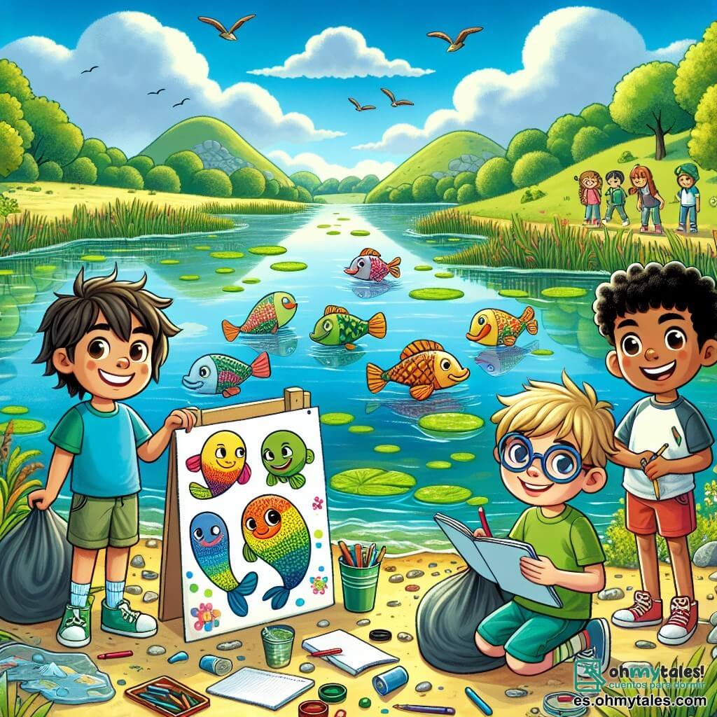 En primer plano, Mateo, un chico de 12 años con cabello castaño desordenado y una camiseta azul, sostiene un gran cartel colorido que dice "Misión Lago Limpio". A su lado, Emma, una niña de 11 años con trenzas rubias y un vestido verde, dibuja peces sonrientes en un gran trozo de papel. Lucas, un chico de 12 años con gafas redondas y cabello negro, toma notas en su cuaderno, observando atentamente el lago. Finalmente, Javier, un chico de 12 años con cabello rizado y un short rojo, hace una mueca cómica para hacer reír a sus amigos. El escenario se desarrolla a orillas de un lago brillante, rodeado de exuberante vegetación. El cielo es de un azul brillante, salpicado de algunas nubes blancas y esponjosas. Los niños están en plena acción, reunidos para limpiar el lago, sonrientes y decididos, con bolsas de basura en mano, listos para recoger desechos y proteger su entorno.