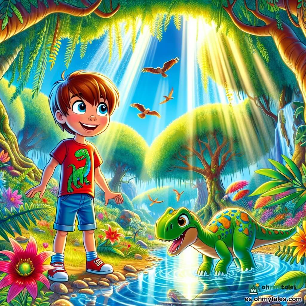 Un niño de 8 años, Lucas, con cabello castaño y ojos llenos de curiosidad, está de pie al borde de un arroyo cristalino, sonriendo maravillado por la belleza de su entorno. Lleva una camiseta roja con motivos de dinosaurios y un short de mezclilla. A su lado, un pequeño dinosaurio de escamas verdes y grandes ojos redondos, que parece amigable y curioso, se inclina para beber agua. Al fondo, un bosque exuberante con árboles gigantes y hojas vibrantes, mientras aves coloridas vuelan en un cielo azul brillante. La luz del sol filtra a través de las ramas, creando patrones brillantes en el suelo. Lucas descubre un mundo prehistórico, maravillado por la presencia del dinosaurio y la magia de su viaje en el tiempo, rodeado de flores gigantes y plantas desconocidas que añaden un toque de misterio y aventura a la ilustración.