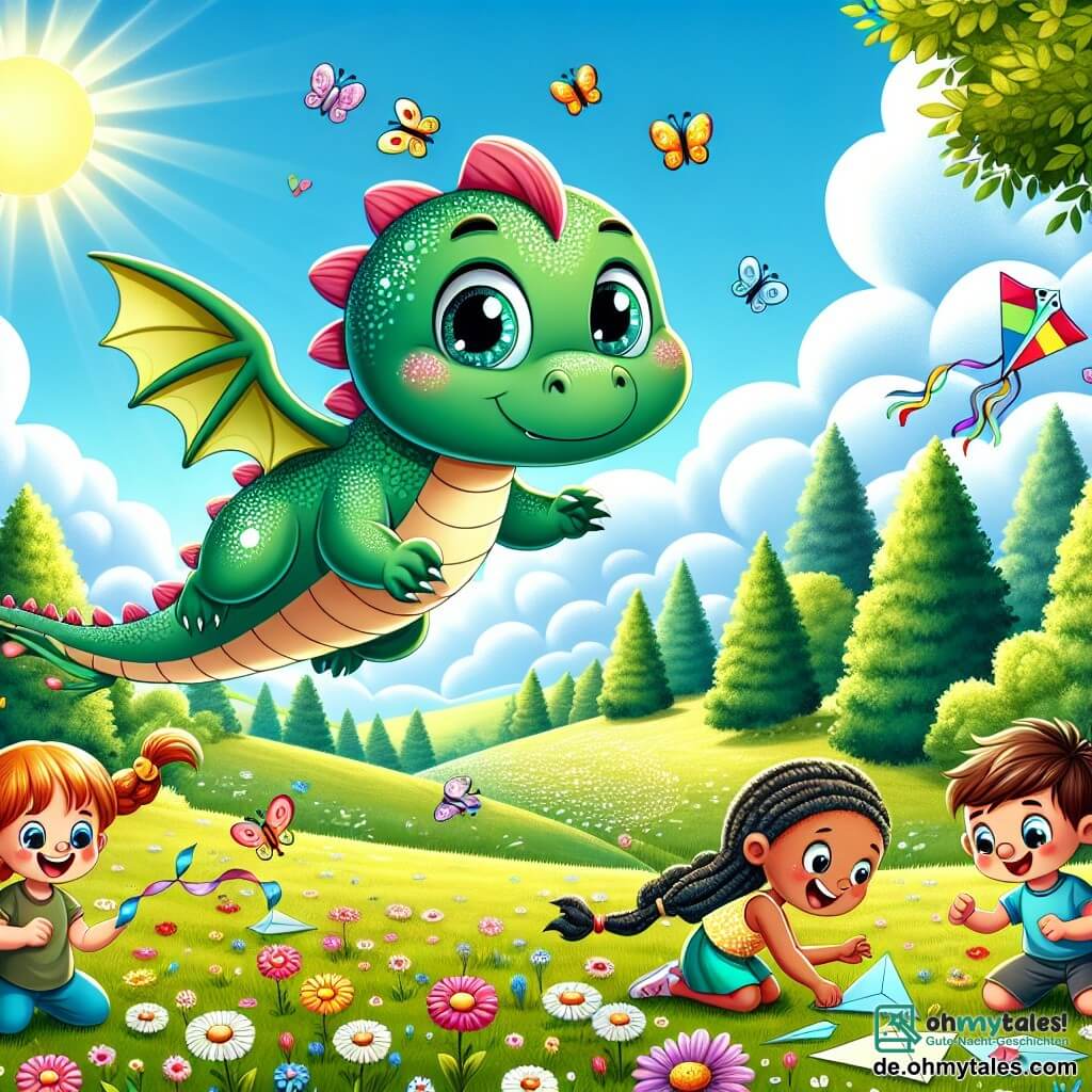 Ein kleiner grüner Drache mit glänzenden Schuppen, großen, neugierigen Augen und einem fröhlichen Lächeln fliegt über eine sonnige Wiese, umgeben von bunten Blumen und tanzenden Schmetterlingen. In der Nähe beschäftigt sich eine Gruppe fröhlicher Kinder, darunter ein kleines Mädchen mit geflochtenen roten Haaren und ein Junge mit einer blauen Kappe, mit dem Bau von Papierdrachen, ihre Gesichter strahlen vor Aufregung und Kreativität. Der Ort ist eine grüne Wiese, die in goldenes Licht getaucht ist, mit majestätischen Bäumen im Hintergrund und einem blauen Himmel, der mit weißen, baumwollartigen Wolken gesprenkelt ist. Die Hauptsituation zeigt den Drachen, der die Kinder ermutigt, gemeinsam draußen zu spielen und ihre Bildschirmleidenschaft in einen Moment des Teilens und Abenteuers in der Natur zu verwandeln.