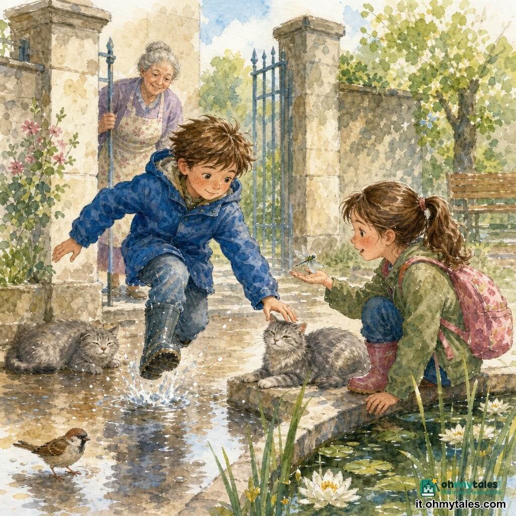 Un ragazzo di circa 10 anni, viso rotondo con lentiggini e capelli castani scompigliati, in cappotto blu e stivali di gomma un po' grandi, salta piano oltre una grande pozzanghera guardando un passerotto; una bambina di circa 9 anni, Giulia, curiosa con capelli castani lunghi legati in coda e zainetto rosa, seduta sul marciapiede vicino a un piccolo stagno, mostra dei girini al ragazzo; la nonna, circa 70 anni, sorridente con capelli grigi raccolti e grembiule a fiori, è in piedi dietro il cancello di pietra osservando con fierezza; un gatto grigio magro dal pelo arruffato è sdraiato ai piedi del pilastro del cancello mentre le mani del ragazzo lo accarezzano; luogo: davanti a un cancello scolastico di pietra chiara, viale bagnato con pozzanghere riflettenti, erba alta e ninfee nello stagno, fiori bianchi e una panchina sullo sfondo; atmosfera: mattina primaverile luminosa, gocce brillanti, leggere schizzi intorno alla pozzanghera, tenerezza e attenzione condivisa.