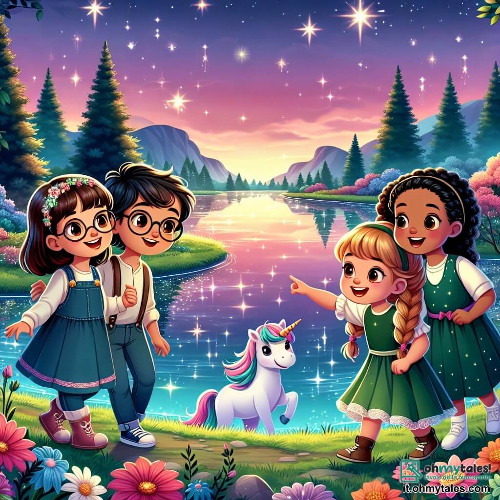 Quattro amiche, Mia, Lila, Nora e Sara, si trovano in riva a un lago scintillante. Mia, una ragazza di 8 anni con capelli castani e occhiali, sorride mentre tiene una mappa magica. Lila, una bambina di 7 anni con capelli biondi e ricci, indica un unicorno vicino a loro. Nora, una ragazza di 9 anni con capelli rossi e un vestito verde, guarda meravigliata il lago. Infine, Sara, una ragazza di 8 anni con capelli neri e trecce, balla gioiosamente sull'erba. Il lago è circondato da fiori colorati e alberi maestosi, con le stelle che brillano sulla superficie dell'acqua, creando uno spettacolo incantevole. Le amiche scoprono la magia del lago dei sogni, dove ogni stella rappresenta un desiderio, e si preparano a esprimere un desiderio insieme, unendo le mani in un momento di amicizia e meraviglia.