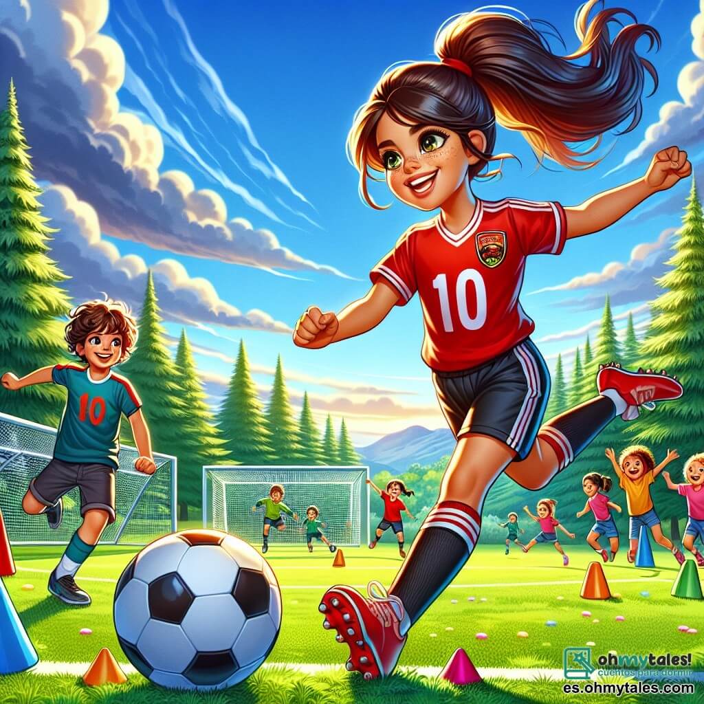 Marina, una mujer atlética con cabello castaño en una coleta, lleva una camiseta de fútbol roja y un pantalón corto negro. Sonríe ampliamente, con los ojos brillantes de emoción, y se prepara para chutar a portería en un campo de fútbol. A su lado, Miguel, un niño de 10 años con cabello rizado y una pequeña pecas en la nariz, lleva una camiseta con el número 10. La anima levantando los brazos, lleno de admiración. El lugar es un parque verde, con maj árboles al fondo y un cielo azul brillante. El campo está delimitado por conos de colores vivos, y niños juegan alegremente alrededor, riendo y corriendo. La situación principal muestra a Marina en plena acción, lista para marcar un gol decisivo, mientras los niños la observan con entusiasmo, compartiendo la pasión por el fútbol y el espíritu de equipo.